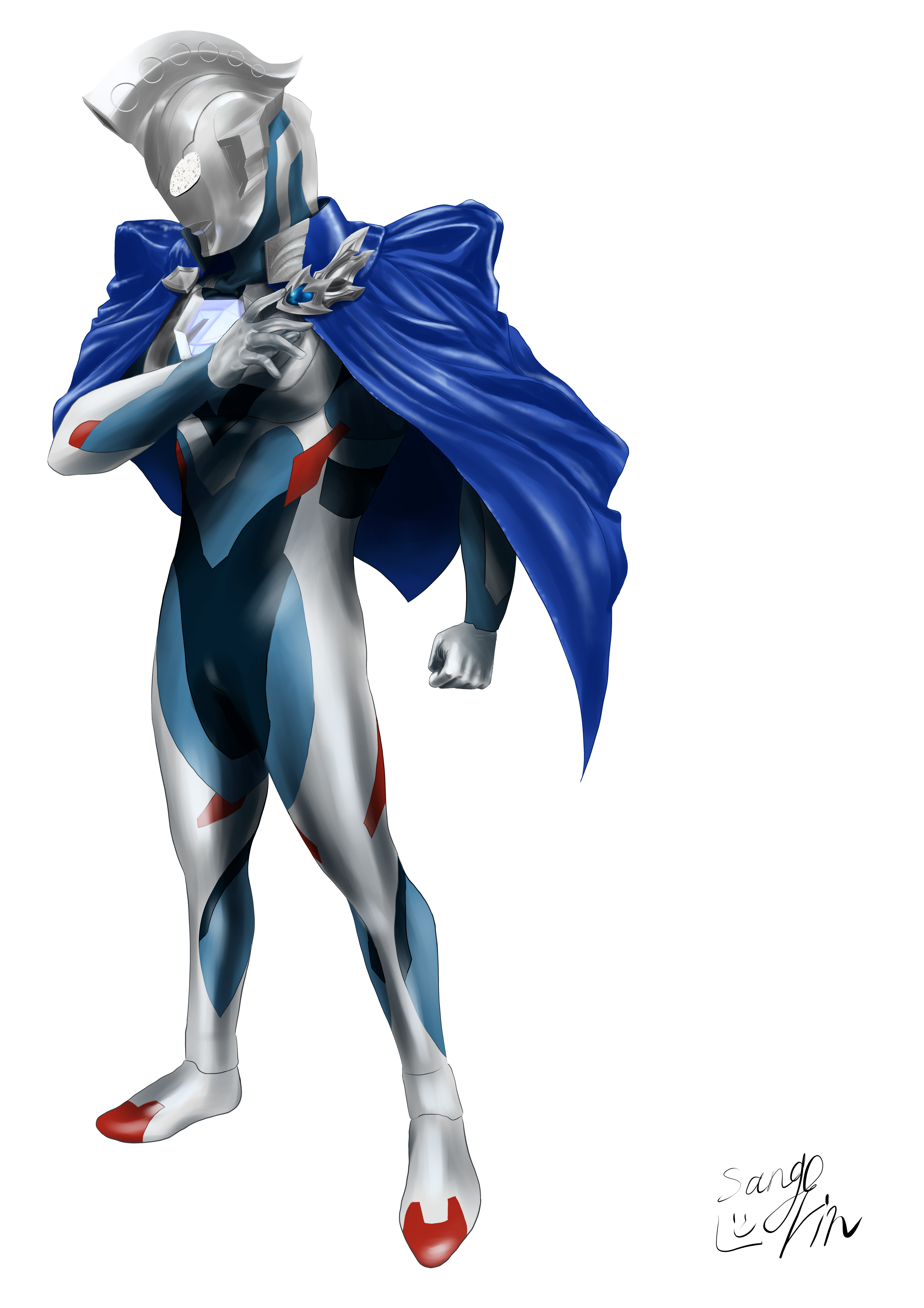 ultraman z, ultraman z (original), tokusatsu, ultra series, ultraman z (series), absurdres, commentary, highres, 1boy, alien, armor, artist name, black skin, blue cape, blue skin, breastplate, brooch, cape, clenched hand, color timer, colored skin, compound eyes, dorsal fin, full body, giant, giant male, glowing, glowing eyes, hand up, jewelry, legs apart, looking down, male focus, multicolored skin, no pupils, pectorals, red skin, shining gold montblanc, signature, silver skin, simple background, solo, standing, toned, toned male, white background, white eyes