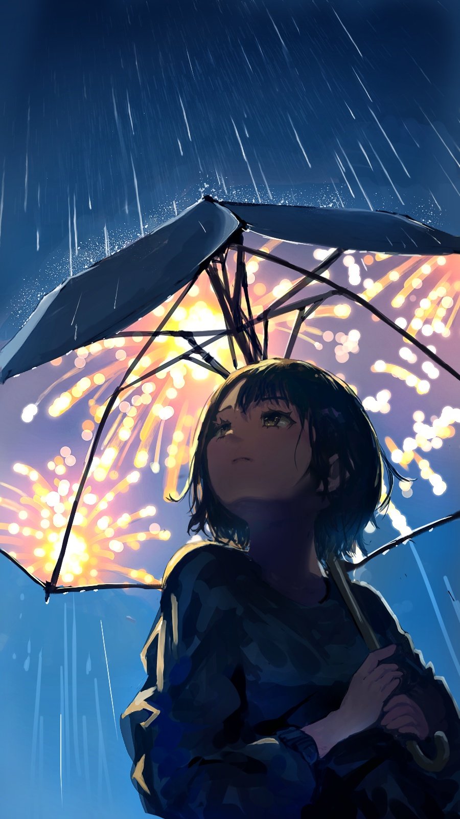 sanmen (threeface il), original, commentary request, highres, 1girl, aerial fireworks, backlighting, black hair, closed mouth, fireworks, holding, holding umbrella, long sleeves, looking up, night, outdoors, rain, short hair, sky, solo, umbrella