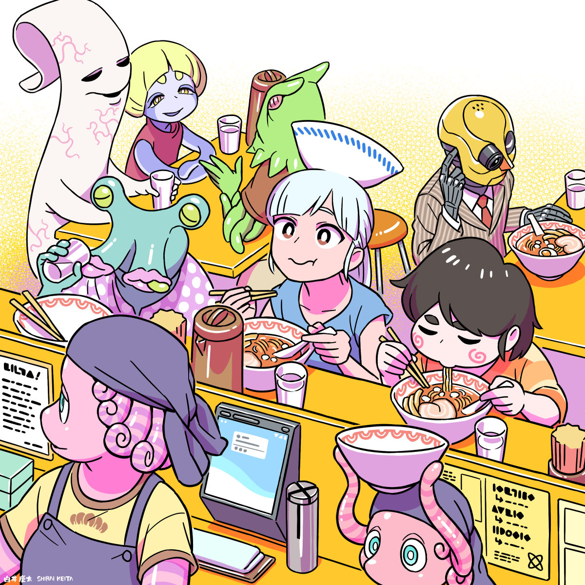 shirai keita, original, hashtag-only commentary, highres, 1girl, 3boys, 4others, :t, alien, apron, bandana, black hair, blonde hair, blue shirt, bowl, bright pupils, brown eyes, chopsticks, cup, drinking glass, eating, extra mouth, food, formal clothes, holding, holding chopsticks, humanoid robot, lips, multiple boys, multiple others, necktie, noodles, object on head, pinstripe pattern, pinstripe suit, ponytail, ramen, red necktie, restaurant, robot, shirt, short sleeves, sleeveless, stool, suit, table, tentacle hair, tentacles, white pupils, yellow shirt