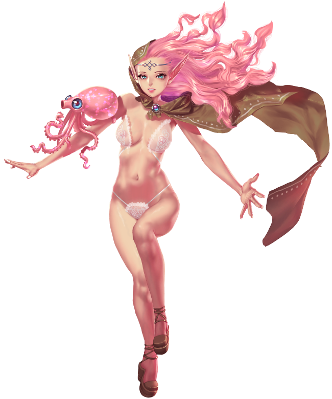 crystal maiden (series), artist request, game cg, official art, variant set, 1girl, bare arms, bare legs, blue eyes, bra, breasts, cape, covered erect nipples, earrings, full body, groin, jewelry, long pointy ears, long sleeves, meredith (crystal maidens), navel, octopus, open hand, panties, pink hair, pointy ears, see-through bra, see-through clothes, single bare shoulder, solo, transparent background, underwear, white bra, white panties