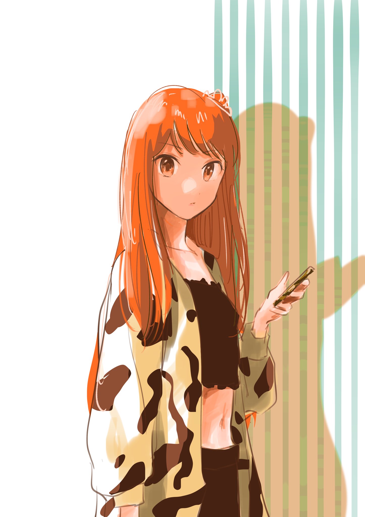 yoshino himari, hima-ten!, highres, unfinished, 1girl, black skirt, black tank top, cellphone, closed mouth, holding, holding phone, jacket, long hair, looking at viewer, navel, orange eyes, orange hair, phone, skirt, smartphone, solo, stomach, tank top, tono kagetora, upper body, very long hair, white background, yellow jacket