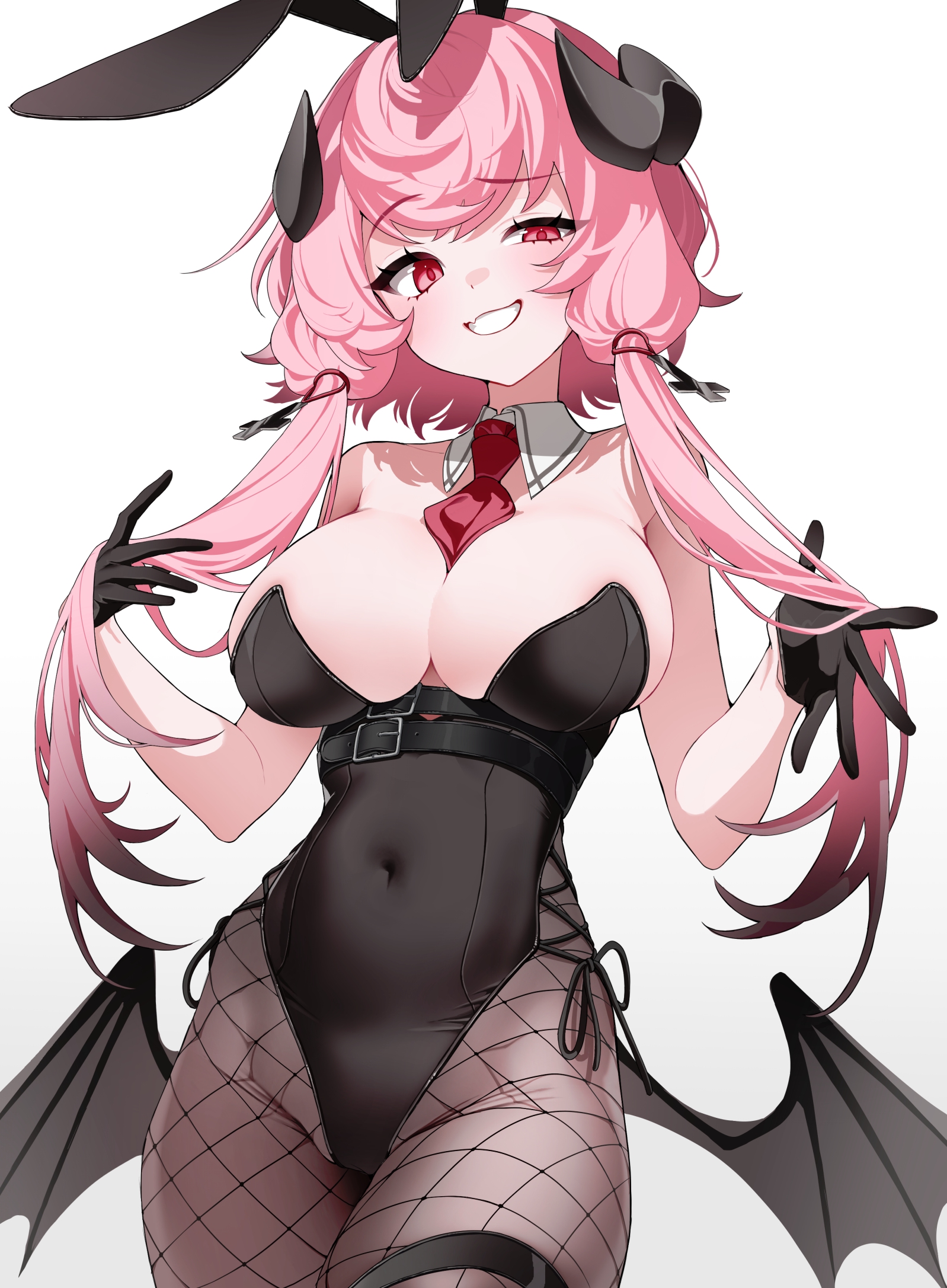 sirin (sirin 8 8), bernina (stella sora), stella sora, highres, animal ears, black gloves, black leotard, breasts, cleavage, collar, covered navel, demon girl, demon horns, fake animal ears, fang, fishnets, gloves, horns, large breasts, leotard, long hair, looking at viewer, low wings, pantyhose, pantyhose under leotard, pink hair, playboy bunny, rabbit ears, smile, standing, teeth, white background, wings