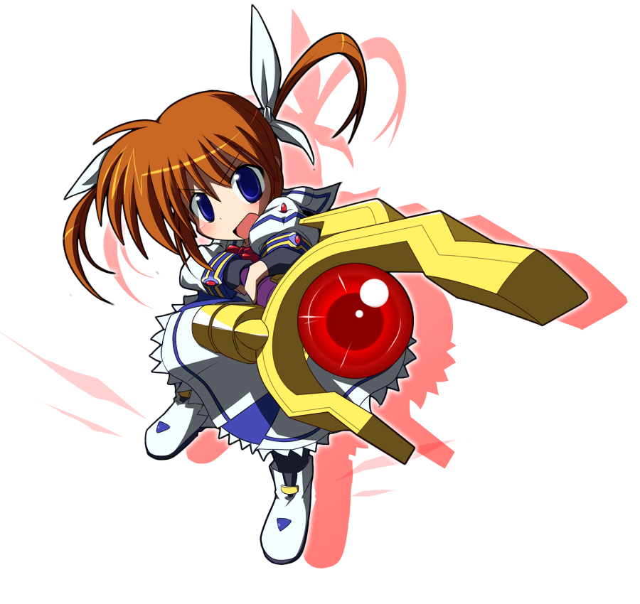 bibi02, raising heart, raising heart (buster mode), takamachi nanoha, takamachi nanoha (sacred mode), lyrical nanoha, mahou shoujo lyrical nanoha, 00s, 1girl, blue eyes, boots, brown hair, female focus, fingerless gloves, full body, gloves, hair ribbon, purple eyes, ribbon, short twintails, solo, transparent background, twintails