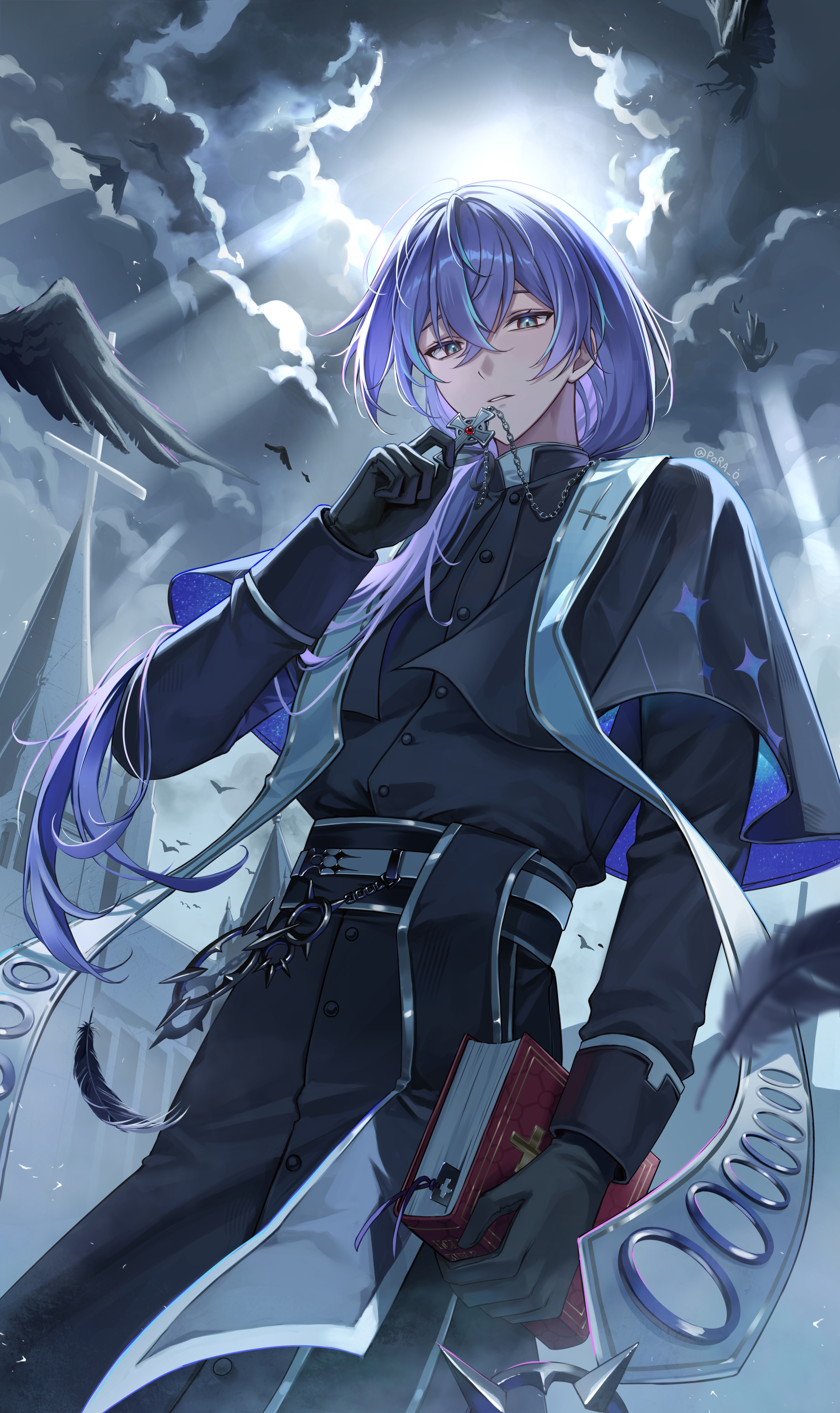 pora 0918, hoshirube sho, nijisanji, absurdres, highres, 1boy, alternate costume, aqua eyes, aqua hair, arm at side, bible (object), bird, black capelet, black feathers, black gloves, black robe, black sash, blue cape, bookmark, building, cape, capelet, cassock, church, clerical collar, cloud, cloudy sky, cowboy shot, cross, cross necklace, cross patty, cross print, crossed bangs, crow, falling feathers, feathers, from below, gem, gloves, hair between eyes, hair over shoulder, holding, holding cross, jewelry, key, latin cross, light rays, long hair, long sleeves, looking at viewer, looking down, low ponytail, male focus, multicolored hair, necklace, o-ring, parted lips, ponytail, priest, purple hair, red gemstone, robe, sash, sky, sleeve cuffs, smile, solo, starry sky print, stole, streaked hair, sunlight, two-sided capelet, virtual youtuber, waist sash