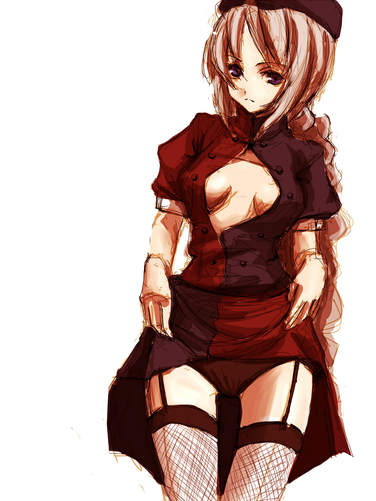 kuronuko neero, yagokoro eirin, touhou, silver hair, bad id, bad pixiv id, 1girl, braid, female focus, garter belt, hat, long hair, open clothes, open shirt, panties, shirt, solo, thighhighs, underwear
