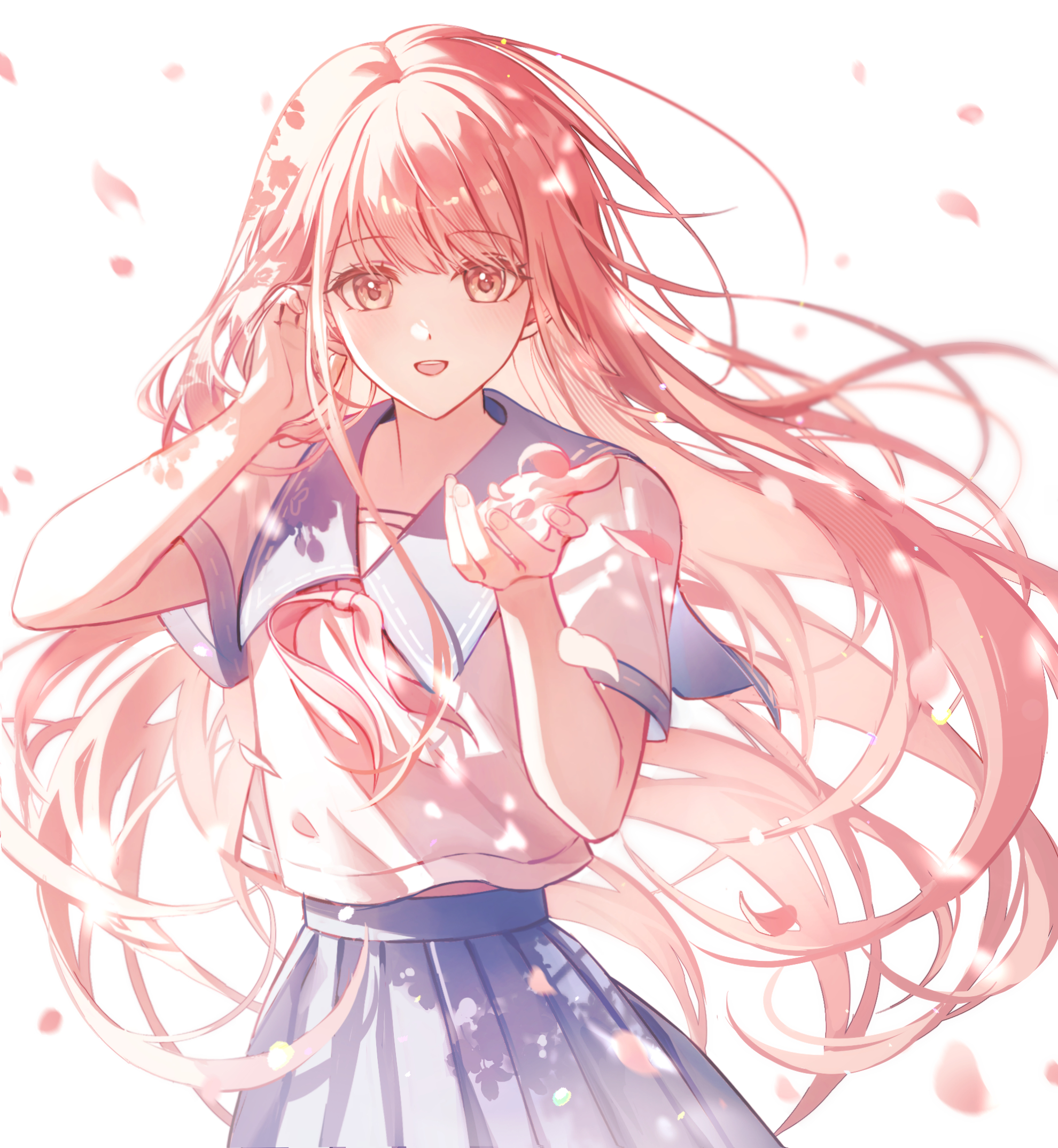 yuhaw0v0, nikki (nikki), miracle nikki, nikki (series), commission, highres, 1girl, :d, blue sailor collar, blue skirt, dappled sunlight, falling petals, floating hair, floating neckwear, hands up, long hair, looking at viewer, midriff peek, neckerchief, open mouth, petals, pink eyes, pink hair, pink neckerchief, pink petals, pleated skirt, sailor collar, sailor shirt, school uniform, serafuku, shirt, shorts, sidelighting, simple background, skirt, smile, standing, straight-on, straight hair, summer uniform, sunlight, tucking hair, upper body, very long hair, white background, white shirt, wind