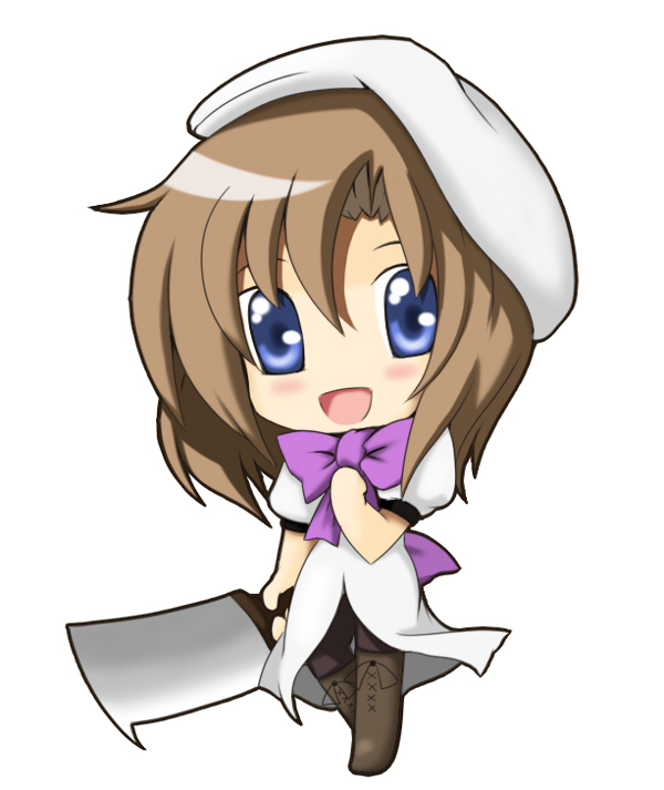 kurohimemm, ryuuguu rena, higurashi no naku koro ni, bad id, bad pixiv id, 00s, 1girl, billhook, blue eyes, blush, boots, bow, brown hair, chibi, dress, female focus, hashitsuki nata, hat, hatchet, nata (tool), short hair, smile, solo, thighhighs
