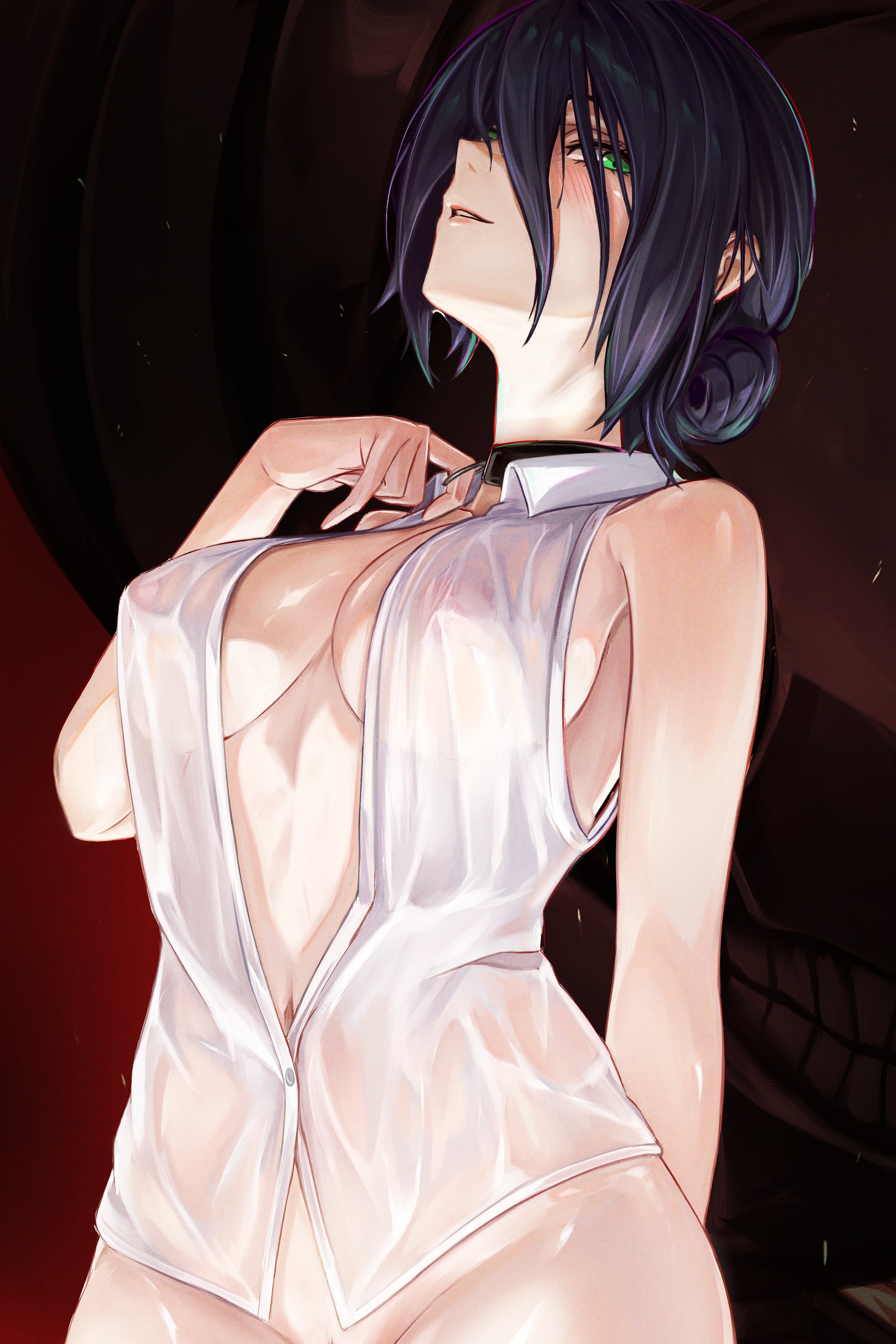 mikasciii, reze (chainsaw man), chainsaw man, absurdres, commentary, highres, 1girl, breasts, green eyes, hair between eyes, light smile, looking at viewer, medium breasts, nipples, out-of-frame censoring, parted lips, purple hair, red background, see-through clothes, see-through shirt, shirt, sleeveless, sleeveless shirt, smile, solo, wet, wet clothes, wet shirt, white shirt