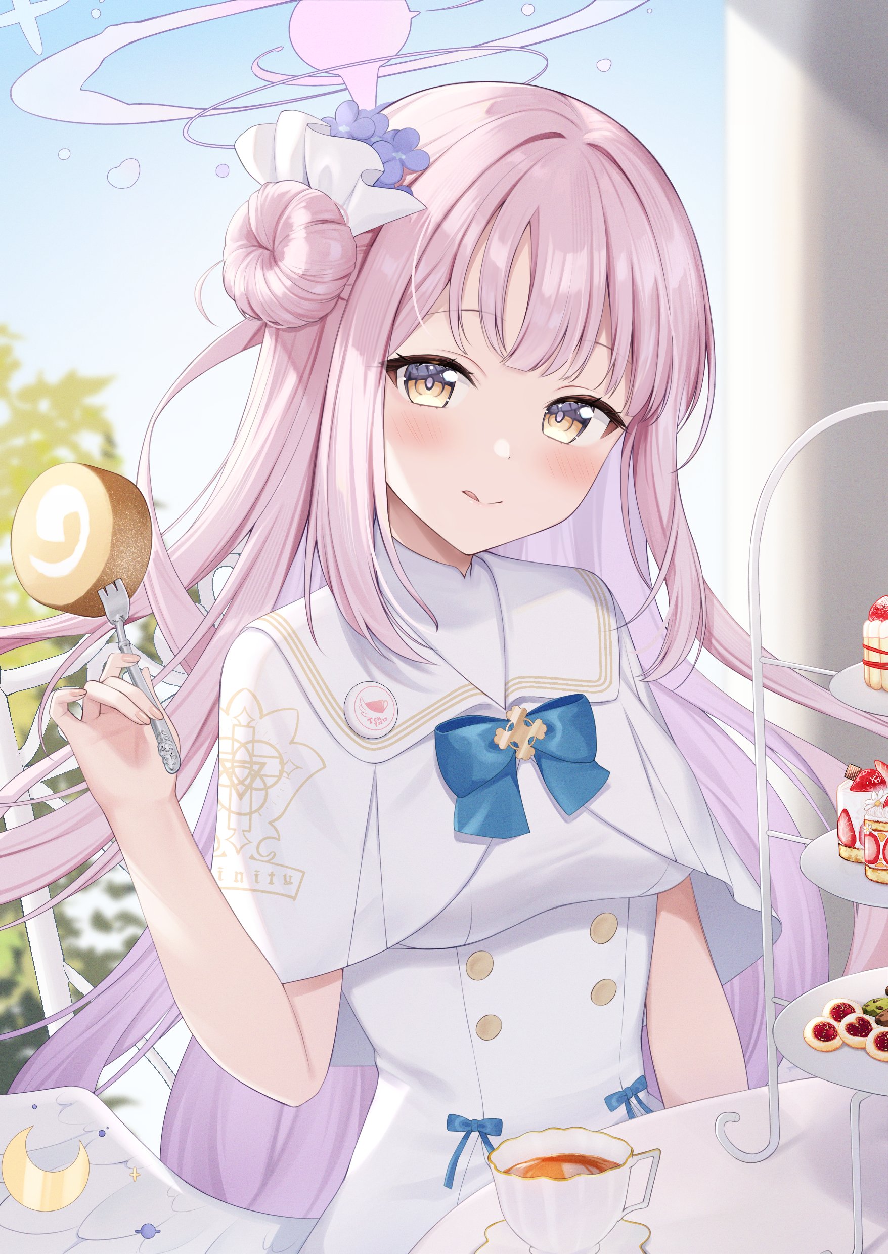 mochiko (uyu omochi), mika (blue archive), blue archive, absurdres, highres, 1girl, angel wings, blue bow, blush, bow, breasts, buttons, cake, capelet, closed mouth, crescent, crescent pin, dessert, double-breasted, dress, feathered wings, fingernails, flower, food, fork, gold trim, hair bun, hair flower, hair ornament, halo, holding, holding fork, long hair, looking at viewer, low wings, medium breasts, pink hair, pink halo, purple flower, single side bun, smile, solo, swiss roll, tongue, tongue out, very long hair, white capelet, white dress, white wings, wing ornament, wings, yellow eyes