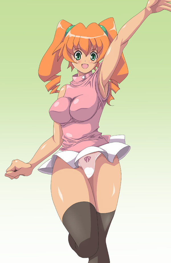 kihaiu, junmai karin, medarot, 1girl, aged up, armpits, bow, bow panties, breasts, cleavage, female focus, green eyes, large breasts, orange hair, panties, solo, thighhighs, twintails, underwear, white panties, wind, wind lift