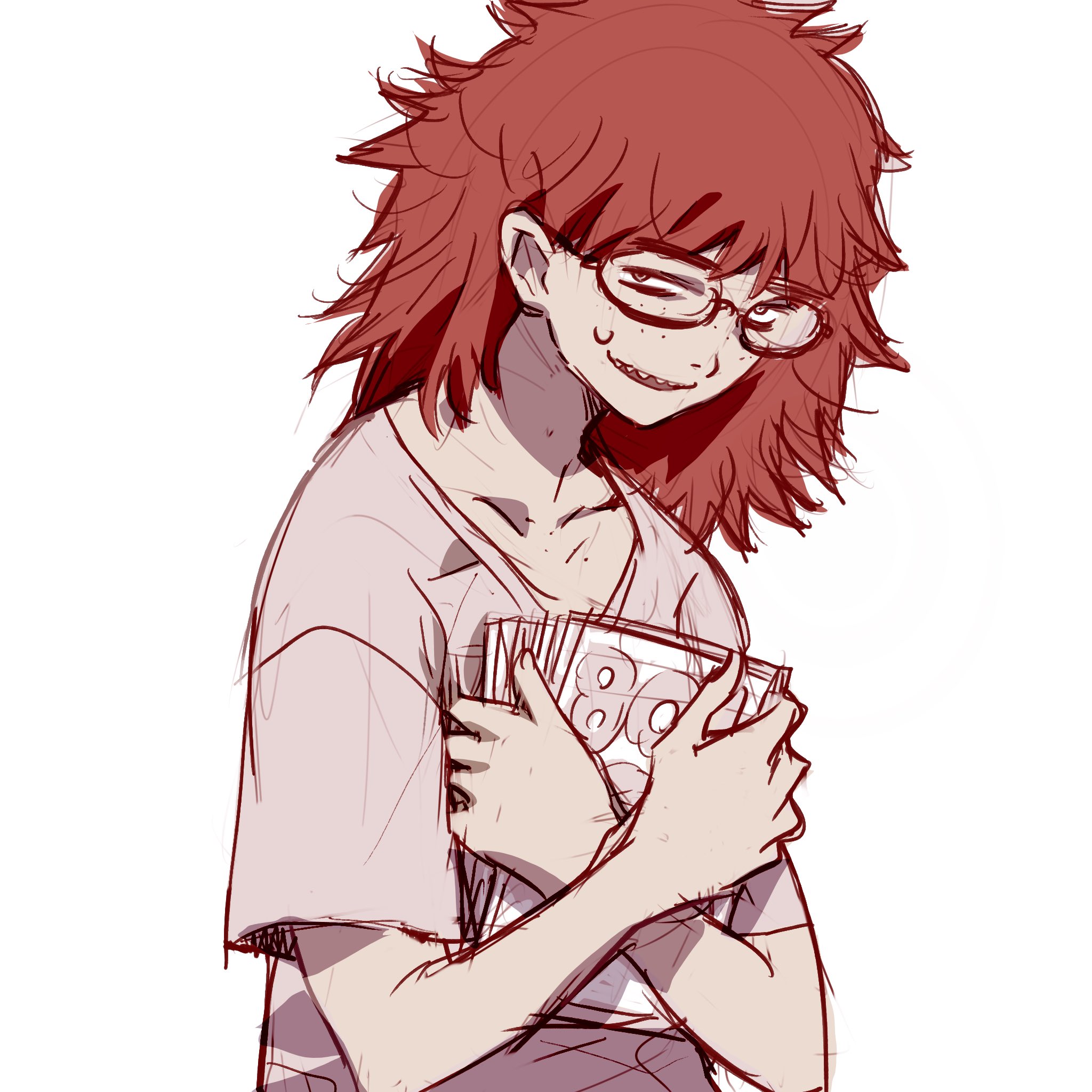 keuma, original, highres, 1girl, book, freckles, glasses, holding, holding book, hugging book, hugging object, looking at viewer, messy hair, neet girl (baalbuddy), red hair, sharp teeth, shirt, solo, sweat, t-shirt, teeth, white background