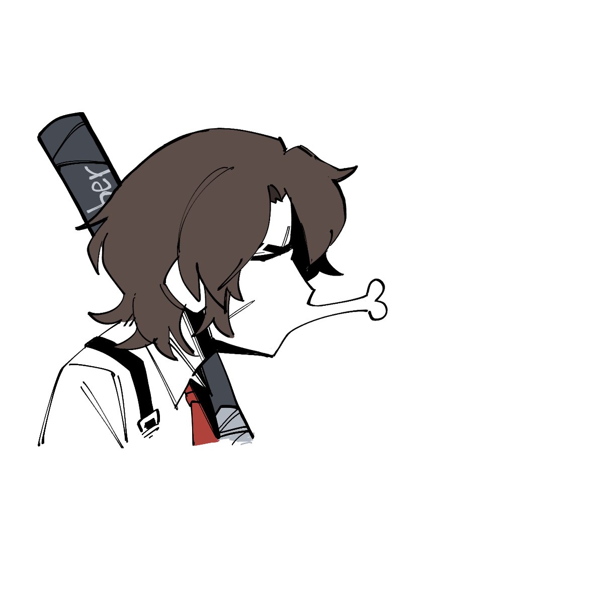 teeny (nonzone), heathcliff (project moon), limbus company, project moon, 1boy, anatomical nonsense, baseball bat, brown hair, closed eyes, collared shirt, holster, imminent kiss, maomao evading jinshi's kiss (meme), meme, necktie, red necktie, scar, scar on face, shirt, shoulder holster, simple background, solo, white background, white shirt
