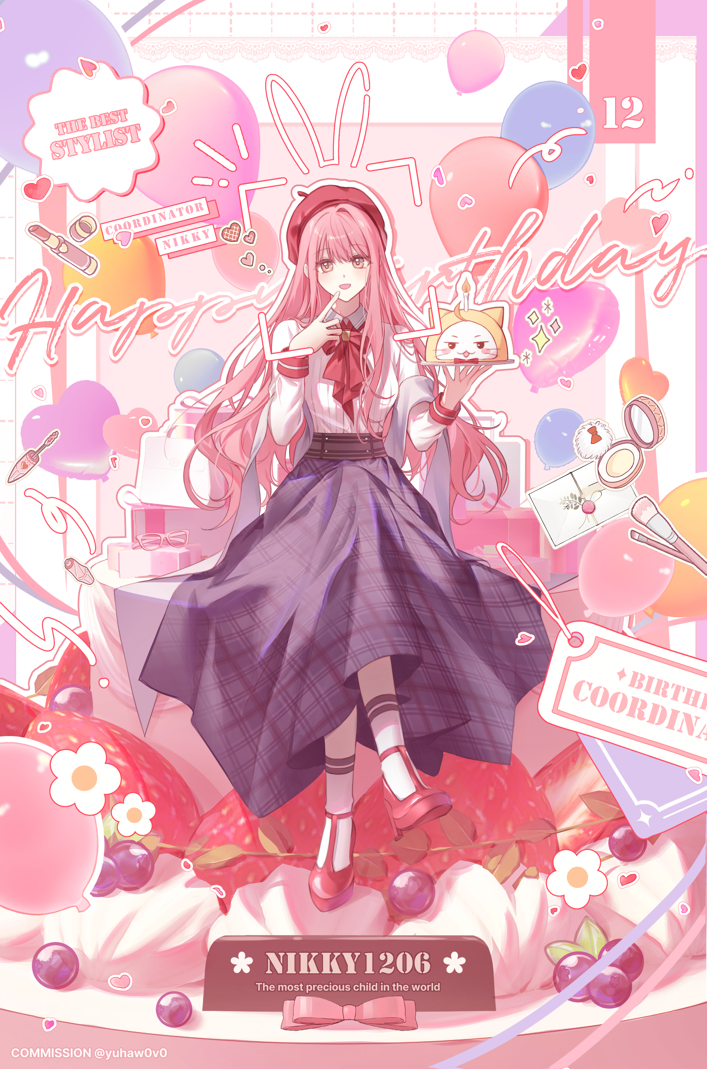 yuhaw0v0, momo (nikki), nikki (nikki), miracle nikki, nikki (series), absurdres, commission, highres, 1girl, :d, ahoge, animal ears, artist name, ascot, bag, balloon, beret, birthday, birthday cake, blueberry, blush stickers, bottle, bow, bowtie, box, buttons, cake, candle, casual, character-themed food, character cake, collared shirt, compact (cosmetics), cosmetics, crossed legs, dated, dot nose, dotted line, double-breasted, drawn ears, english text, facial recognition, finger to own chin, food, fruit, full body, gift, gift box, glasses, grey shawl, grey skirt, grid background, happy birthday, hat, heart, heart balloon, high heels, holding, holding plate, jitome, layer cake, letter, light blush, lipstick tube, long hair, long sidelocks, long skirt, long sleeves, makeup brush, nail polish brush, notice lines, on food, open mouth, outline, oversized food, oversized object, perfume bottle, pink-framed eyewear, pink background, pink bow, pink eyes, pink hair, pink theme, pinstripe pattern, pinstripe shirt, plaid clothes, plaid skirt, plate, powder puff, rabbit ears, red ascot, red bow, red bowtie, red hat, red shoes, shawl, shirt, shoes, shopping bag, sidelocks, sitting, skirt, sleeve cuffs, smile, socks, sparkle, straight-on, strawberry, t-bar sandals, text background, traditional bowtie, unworn eyewear, very long hair, wax seal, whipped cream, whiskers, white outline, white shirt, white socks, wing collar, youth poem (miracle nikki)