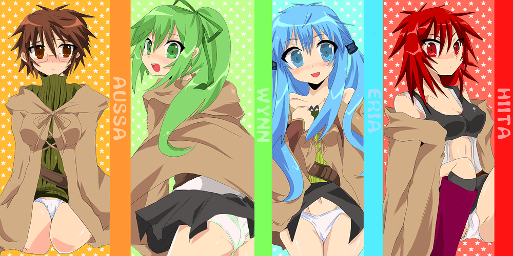 aussa (yu-gi-oh!), aussa the earth charmer, eria the water charmer, hiita, hiita (yu-gi-oh!), hiita the fire charmer, wynn (yu-gi-oh!), wynn the wind charmer, yu-gi-oh!, yu-gi-oh! duel monsters, 4girls, ass, blue eyes, blue hair, breasts, brown eyes, brown hair, duel monster, green eyes, green hair, multiple girls, panties, red eyes, red hair, underwear