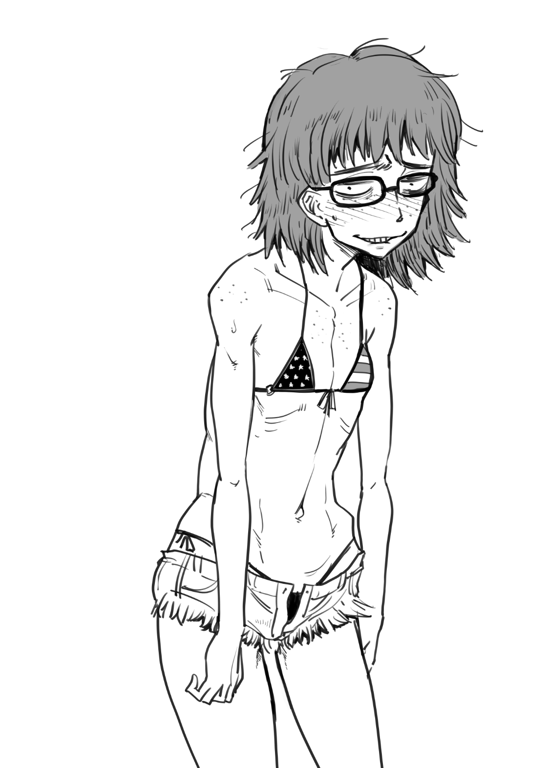 yamada shiguma, original, commentary, highres, 1girl, american flag, american flag bikini, american flag print, bare arms, bare shoulders, bikini, bikini under clothes, body freckles, borrowed character, cowboy shot, denim, denim shorts, flag print, flag print bikini, flat chest, freckles, glasses, greyscale, looking at viewer, micro shorts, monochrome, navel, neet girl (baalbuddy), open clothes, open fly, open shorts, print bikini, ribs, sanpaku, short hair, shorts, simple background, sketch, skinny, solo, swimsuit, torn clothes, torn shorts, unkempt, white background