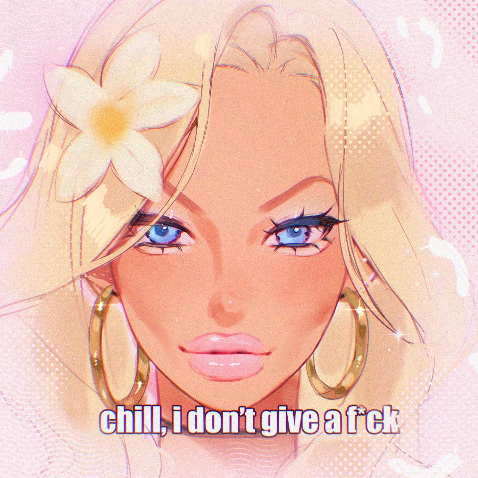 noisykoala, original, commentary, english commentary, highres, 1girl, aegyo sal, blonde hair, blue eyes, cheekbones, chromatic aberration, closed mouth, earrings, english text, eyelashes, eyeshadow, feathers, film grain, flower, forehead, gold earrings, gyaru makeup, hair flower, hair ornament, halftone, hoop earrings, impact (font), jewelry, long hair, looking at viewer, makeup, meme, parted bangs, pink background, pink eyeshadow, pink lips, pink theme, portrait, queen never cry (meme), sketch, sparkle, tan, thick lips, two-tone flower, white flower, yellow flower