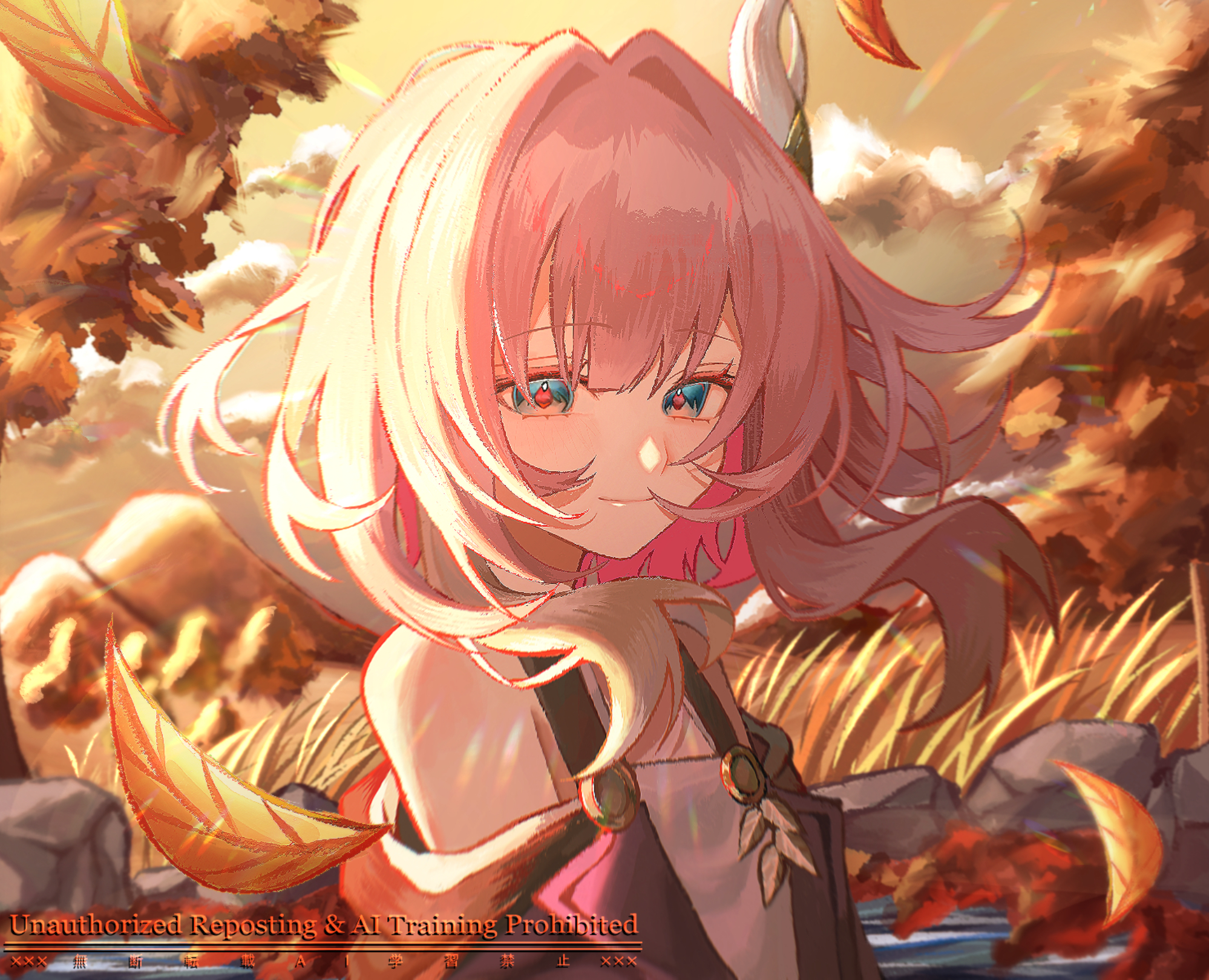 cyrene (honkai: star rail), honkai: star rail, honkai (series), commentary request, highres, 1girl, bare shoulders, blue eyes, brown sky, coat, cyrene (aedes elysiae) (honkai: star rail), dress, falling leaves, grass, hair ornament, leaf, looking at viewer, medium hair, outdoors, pink hair, purple coat, rin1719073, smile, solo, upper body, wheat, white dress