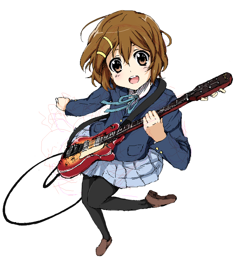 fujioka toki, hirasawa yui, k-on!, 00s, 1girl, electric guitar, female focus, from above, full body, gibson les paul, guitar, instrument, oekaki, pantyhose, school uniform, shoes, simple background, solo