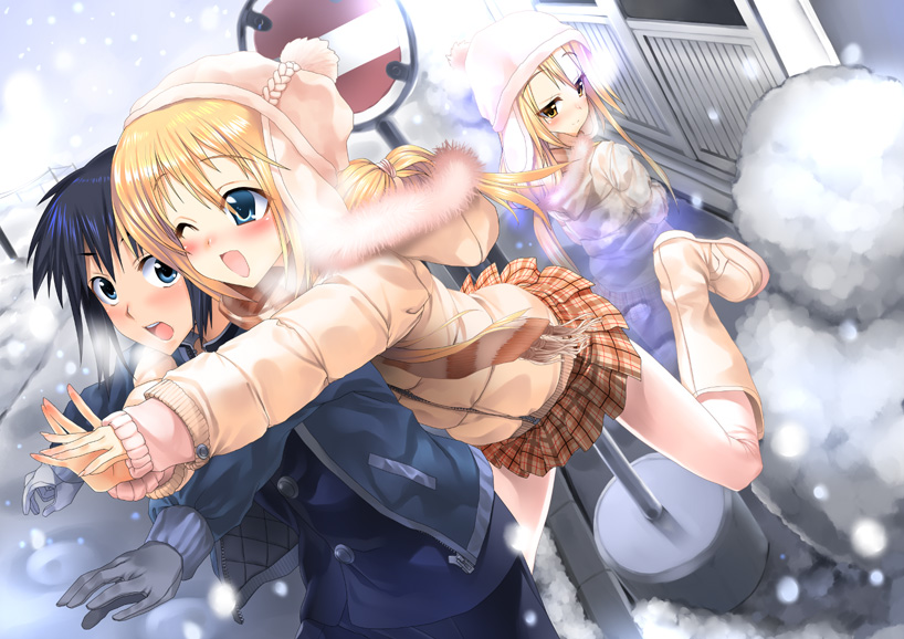 suzume inui, 3girls, black hair, blonde hair, blue eyes, blush, boots, coat, gloves, hat, hood, hoodie, jumping, laughing, long hair, long sleeves, miniskirt, multiple girls, one eye closed, open mouth, plaid clothes, plaid skirt, pleated skirt, ponytail, skirt, sleeves past wrists, smile, snow, standing, wink, yellow eyes