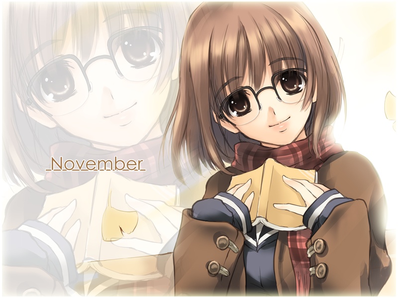kikurage (plastic people), book, brown eyes, brown hair, coat, scarf, short hair, smile, solo, zoom layer