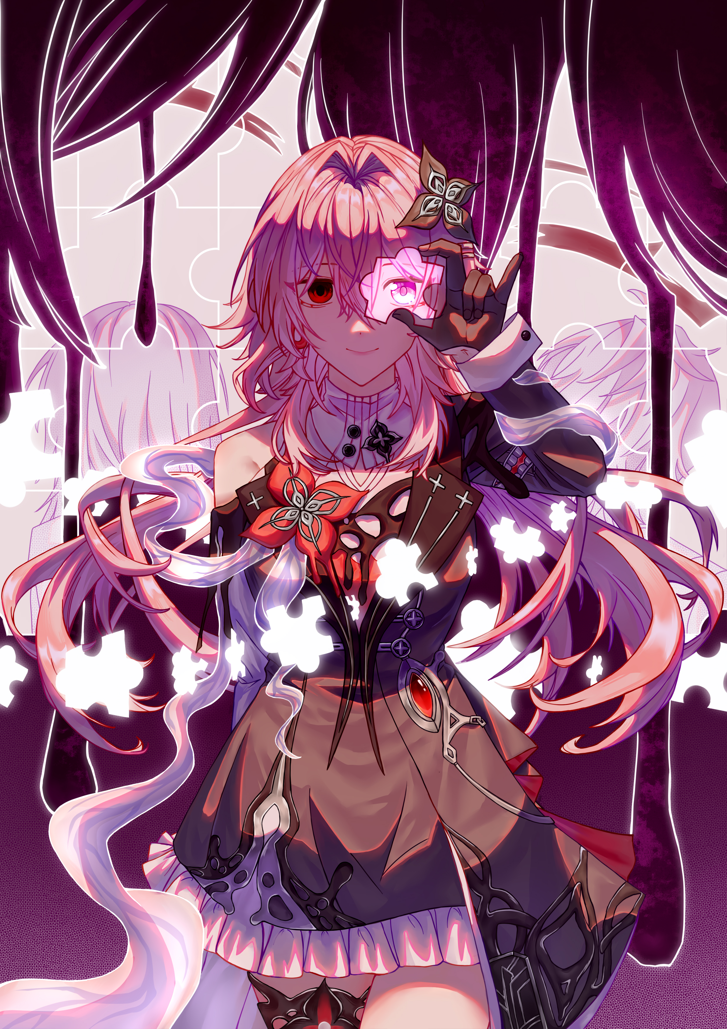 dan heng (honkai: star rail), evernight (honkai: star rail), march 7th (honkai: star rail), stelle (honkai: star rail), trailblazer (honkai: star rail), honkai: star rail, honkai (series), absurdres, commentary, highres, 1boy, 2girls, asymmetrical sleeves, cowboy shot, dress, earrings, flower, frills, gem, gloves, hair flower, hair ornament, jewelry, layered dress, long hair, mismatched sleeves, multicolored eyes, multiple girls, pink hair, puzzle piece, red eyes, red gemstone, single bare shoulder, single earring, smile, thigh strap, two-tone eyes, user phkn5772, very long hair