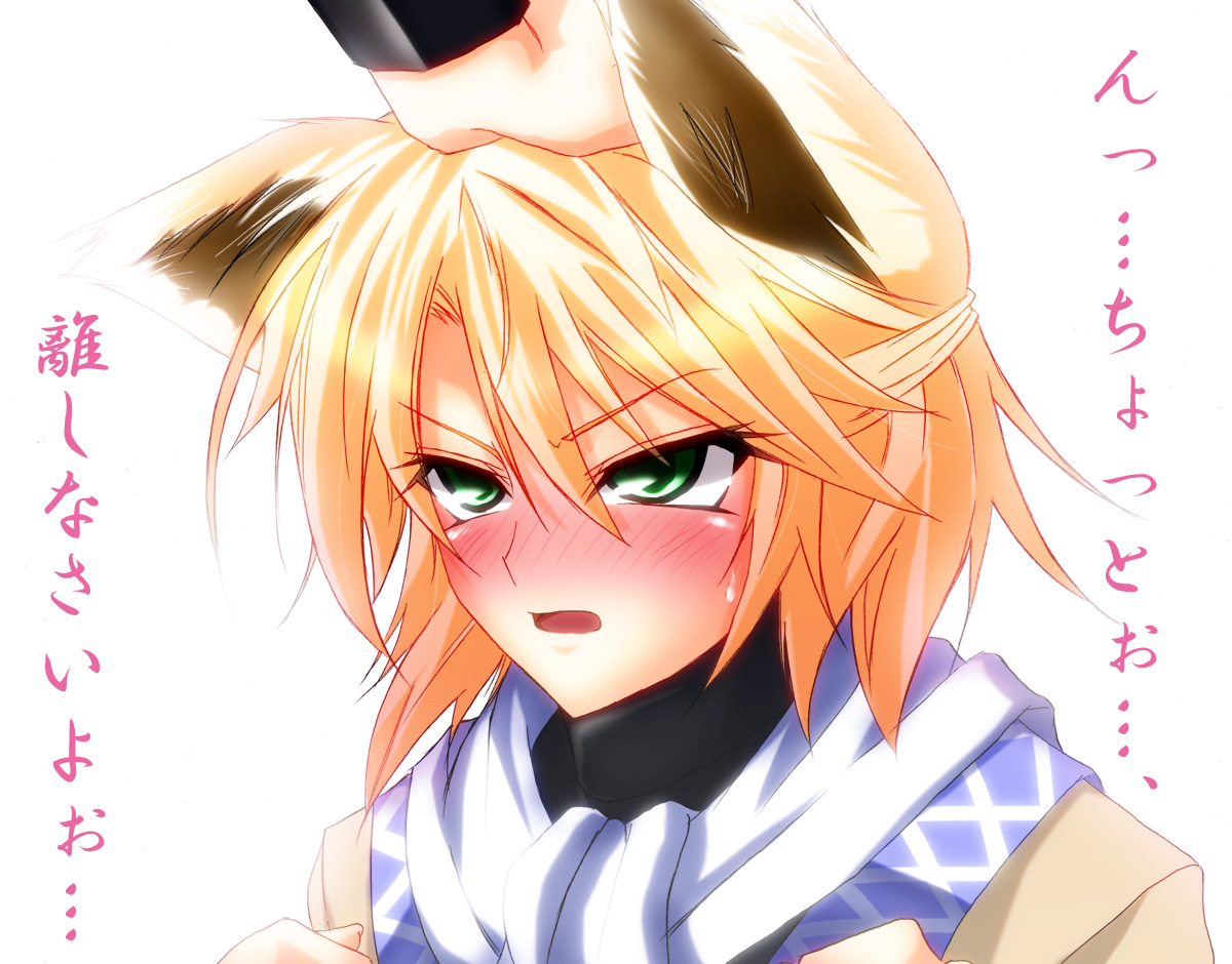 hazuki kasane, hoshiguma yuugi, mizuhashi parsee, touhou, translation request, 1girl, animal ears, blonde hair, blush, cat ears, cat girl, female focus, green eyes, half updo, head pat, headpat, kemonomimi mode, scarf, short hair, solo focus