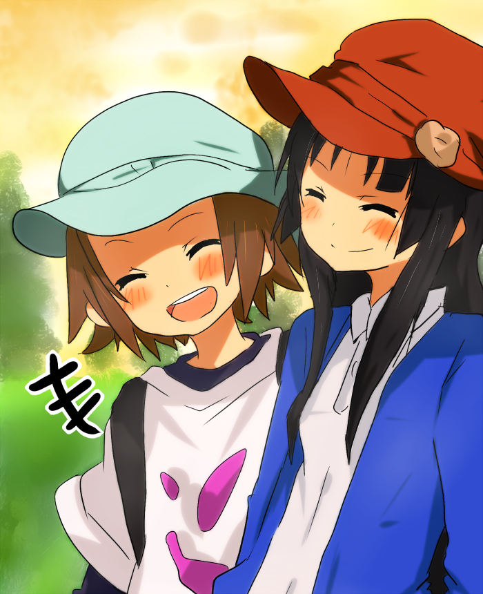 haru (goalstyle), akiyama mio, tainaka ritsu, k-on!, bad id, bad pixiv id, 00s, 2girls, black hair, blush, brown hair, casual, closed eyes, happy, hat, long hair, multiple girls, open mouth, round teeth, short hair, smile, teeth, tomboy