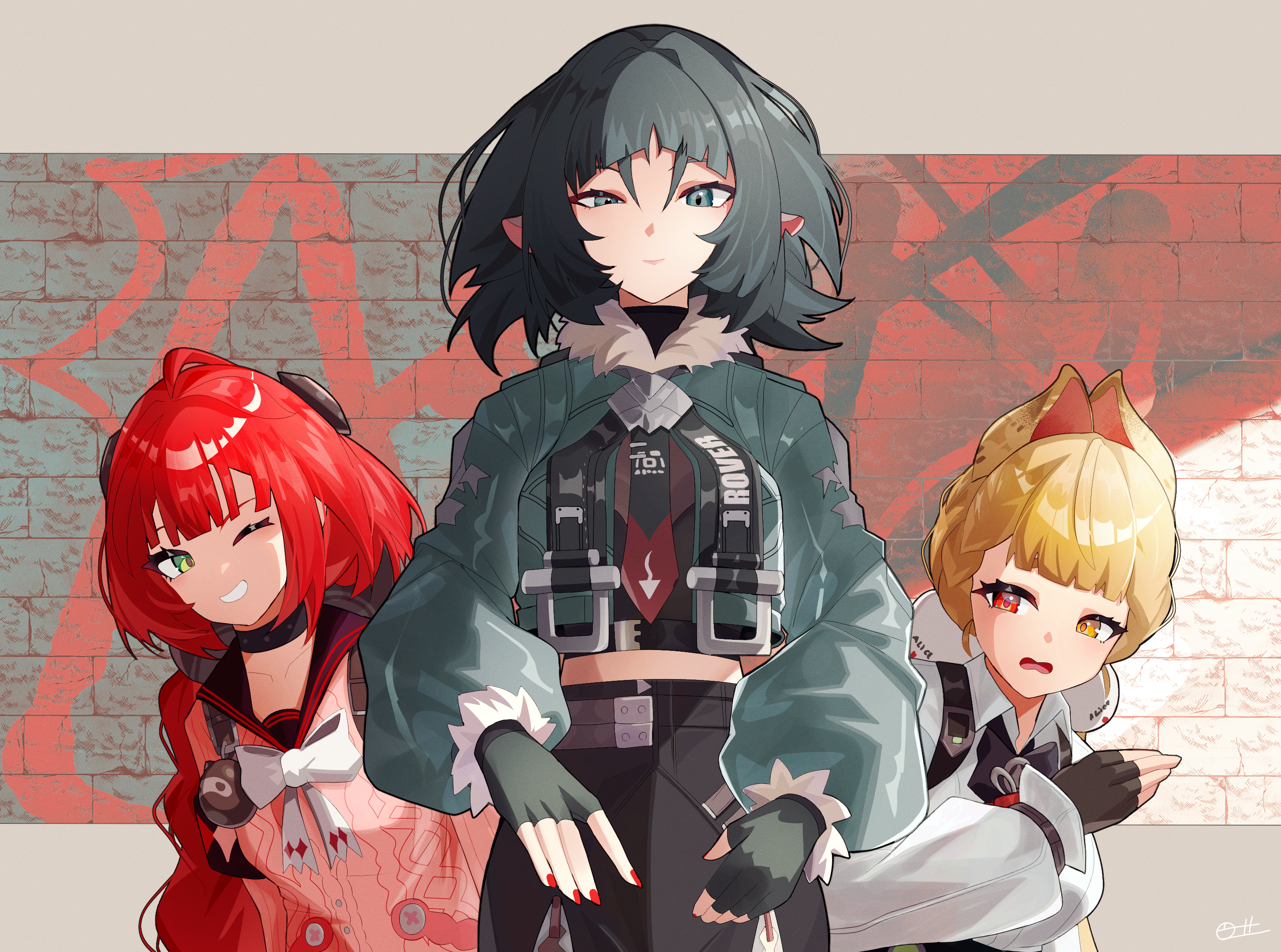 zeroartwo, alice thymefield, jane doe (zenless zone zero), ukinami yuzuha, zenless zone zero, highres, 3girls, ahoge, animal ears, black gloves, black hair, black sailor collar, braid, cardigan, collared shirt, fingerless gloves, gloves, green eyes, grey eyes, heterochromia, long hair, looking at viewer, low twin braids, low twintails, mouse ears, mouse girl, multiple girls, one eye closed, open mouth, pink cardigan, rabbit ears, rabbit girl, red eyes, sailor collar, shirt, smile, twin braids, twintails, very long hair, white shirt, yellow eyes