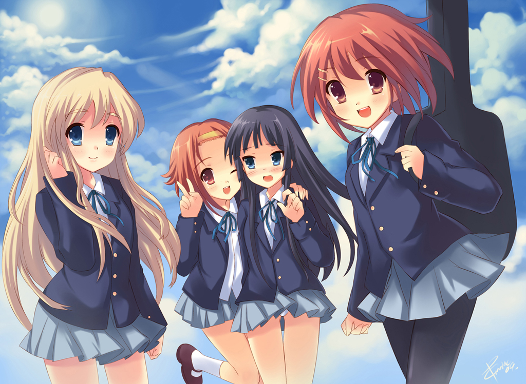 peach88, akiyama mio, hirasawa yui, kotobuki tsumugi, tainaka ritsu, k-on!, bad id, bad pixiv id, 00s, 4girls, adjusting hair, black hair, blazer, blonde hair, blue eyes, blunt bangs, blush, bob cut, brown eyes, brown hair, clothes lift, day, guitar case, hair ornament, hairband, hairclip, hime cut, ho-kago tea time, instrument case, jacket, laughing, long hair, miniskirt, multiple girls, one eye closed, open mouth, panties, pantyhose, pantyshot, pleated skirt, red eyes, red hair, ribbon, school uniform, shoes, short hair, sidelocks, skirt, skirt lift, sky, smile, socks, standing, underwear, upskirt, v, white panties, wind, wind lift, wink