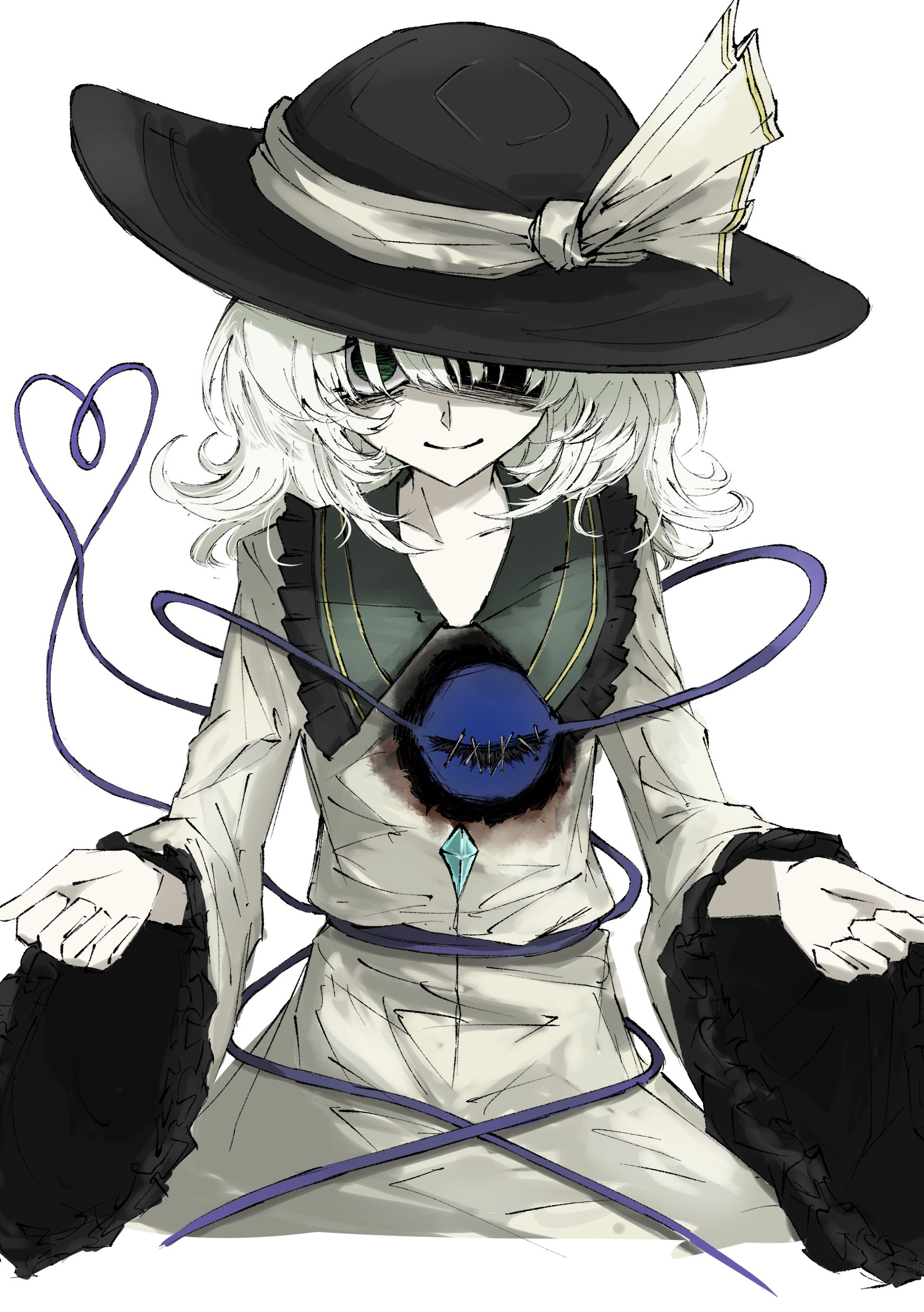 aizettonagi, komeiji koishi, touhou, absurdres, highres, 1girl, bags under eyes, black hat, buttons, diamond button, eyeball, frilled shirt collar, frilled sleeves, frills, green eyes, hat, hat ribbon, heart, heart of string, ribbon, shirt, stitched eye, stitches, third eye, white background, white hair, wide sleeves, yellow ribbon, yellow shirt