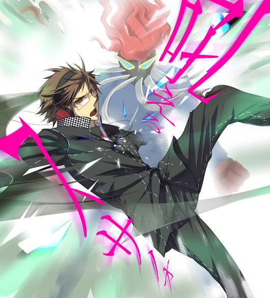 sikijyou, hanamura yousuke, susanoo (persona), atlus, persona, persona 4, bad id, bad pixiv id, 1boy, action, glasses, headphones, male focus, school uniform