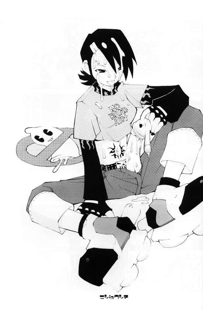 cube (jsr), jet set radio, sega, artist request, scan, 1futa, condom, cum, cum on body, facial, futanari, gloves, greyscale, inline skates, monochrome, penis, roller skates, skates, solo, tattoo, tongue, used condom