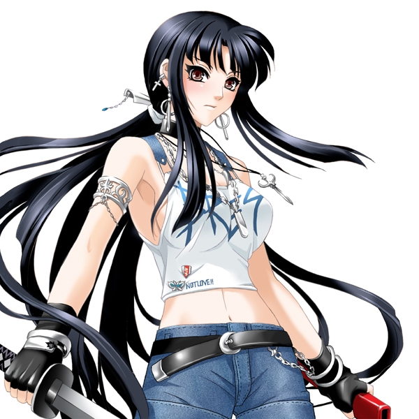 kagami hirotaka, source request, 1girl, armpits, black hair, brown eyes, collar, cross, denim, denim shorts, earrings, english text, engrish text, female focus, fingerless gloves, gloves, jewelry, long hair, midriff, necklace, no bra, ponytail, ranguage, scabbard, sheath, shorts, solo, sword, very long hair, weapon