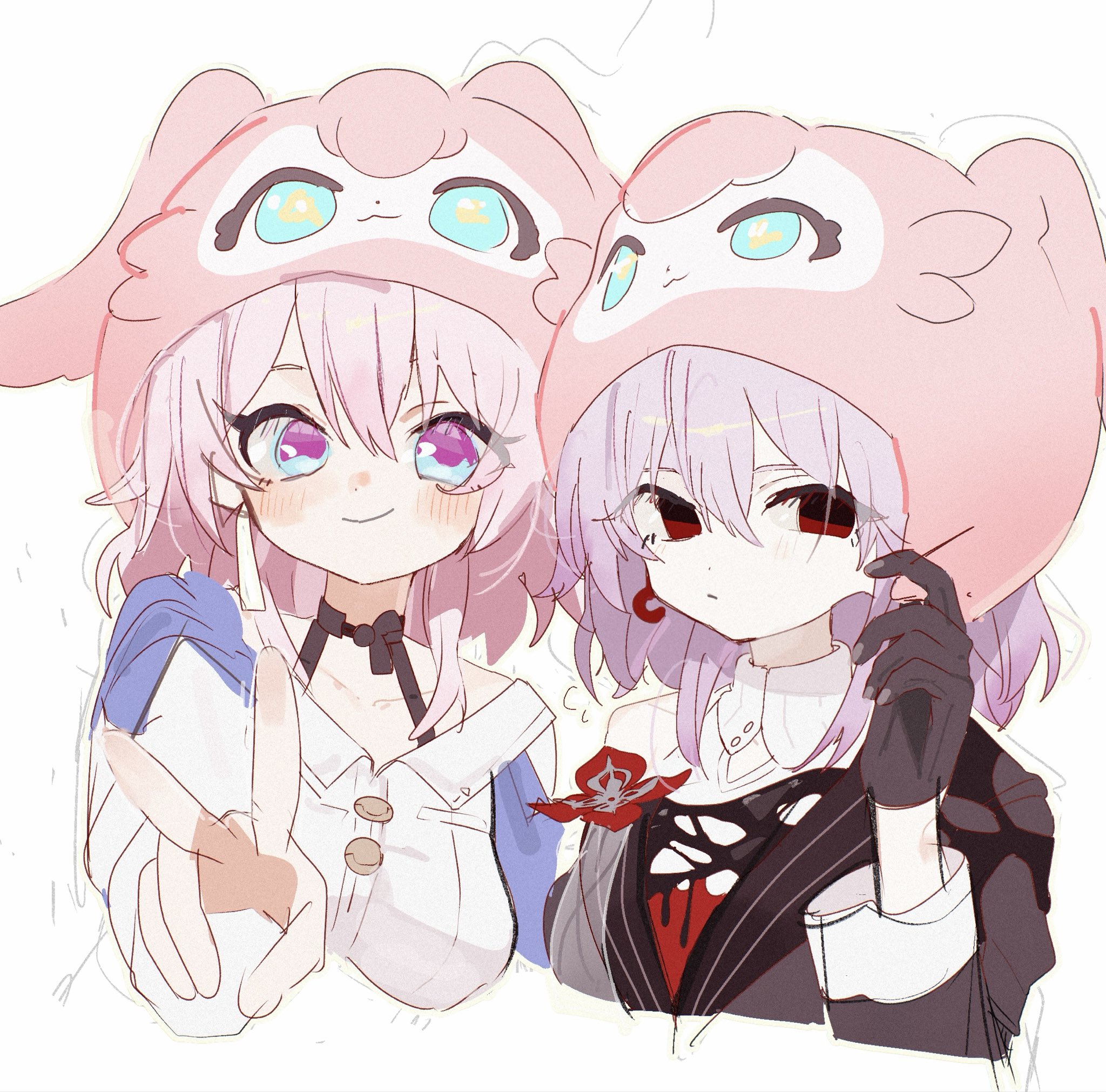 evernight (honkai: star rail), march 7th (honkai: star rail), march 7th (preservation) (honkai: star rail), mem (honkai: star rail), honkai: star rail, honkai (series), highres, mixed-language commentary, 2girls, blush, choker, dress, dual persona, earrings, gloves, hat, jewelry, long hair, looking at viewer, multicolored eyes, multiple girls, pink hair, red eyes, shirt, single bare shoulder, single earring, siomimi, smile, two-tone eyes, v, yuri