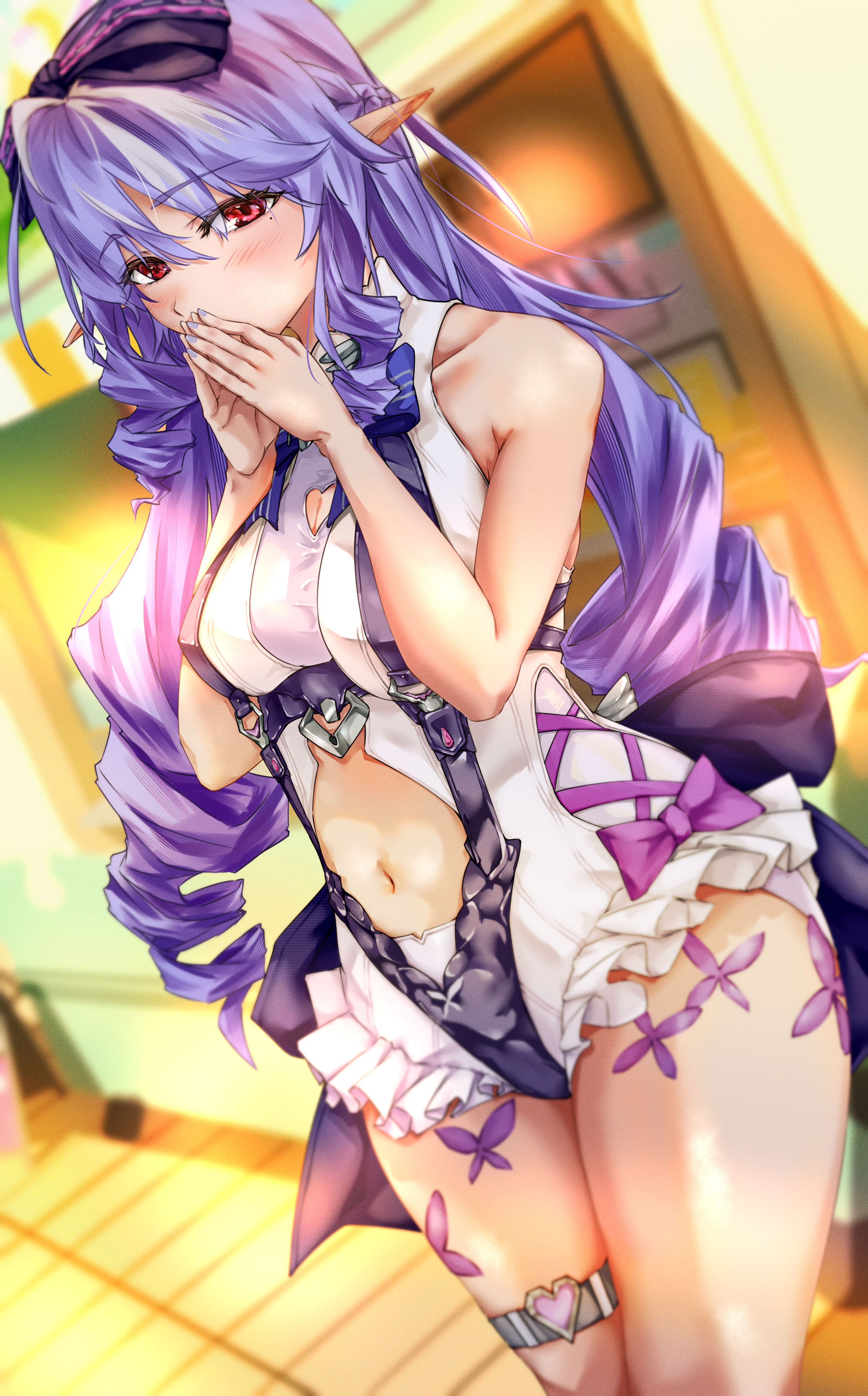 vivian banshee, vivian banshee (iris of the shore), zenless zone zero, absurdres, highres, 1girl, blush, bow, breasts, clothing cutout, covering own mouth, drill hair, frilled one-piece swimsuit, frills, grey hair, hair bow, heart, heart o-ring, long hair, looking at viewer, medium breasts, multicolored hair, nail polish, navel, o-ring, o-ring thigh strap, official alternate costume, one-piece swimsuit, pointy ears, purple bow, purple hair, purple nails, puvgbfibuk89182, red eyes, solo, stomach cutout, streaked hair, swimsuit, thigh strap, twin drills, very long hair, white one-piece swimsuit