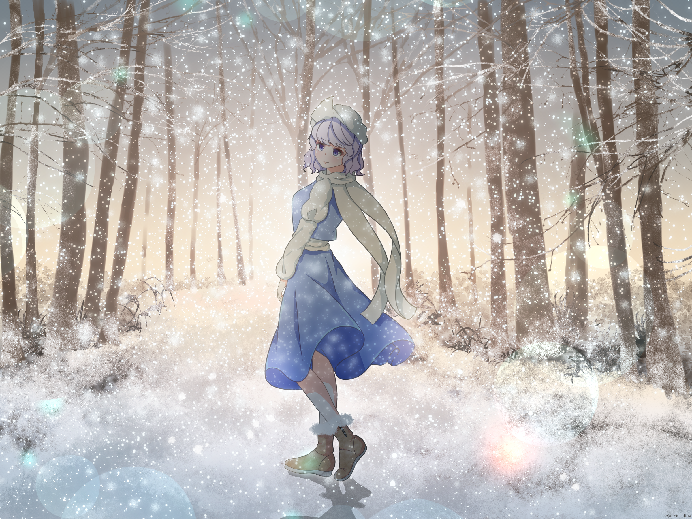 cattleya (a yel ttac), letty whiterock, touhou, commentary, highres, 1girl, blue skirt, blue vest, boots, brown boots, forest, full body, fur-trimmed boots, fur trim, grey hair, hat, long sleeves, looking at viewer, looking to the side, medium hair, nature, outdoors, scarf, shirt, skirt, smile, snow, snowing, solo, tree, vest, white hat, white scarf, white shirt, winter