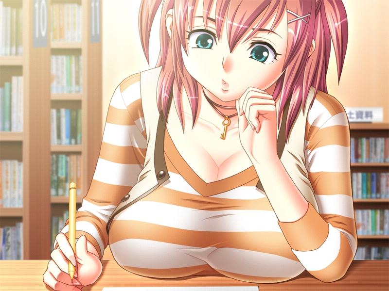 tatsunami youtoku, minami kurumi, cafe junkie, striped, game cg, 1girl, :o, aqua eyes, blue eyes, breast rest, breasts, brown hair, cleavage, female focus, huge breasts, jewelry, key, mechanical pencil, necklace, pencil, pink hair, short twintails, solo, twintails