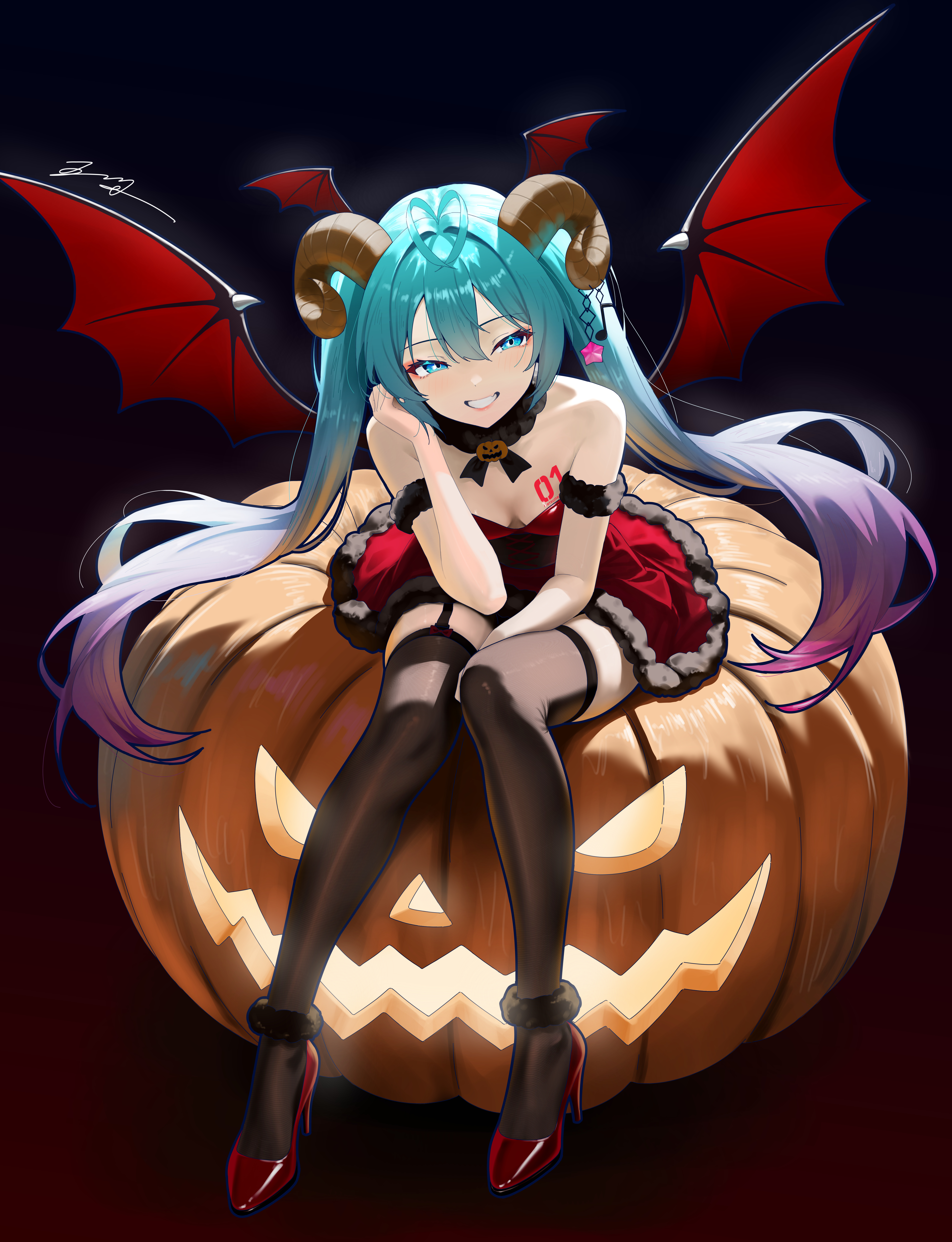 wuhe2233pz, hatsune miku, vocaloid, absurdres, highres, 1girl, ahoge, bare shoulders, black thighhighs, blue eyes, blue hair, breasts, clenched teeth, collarbone, colored tips, detached collar, dress, head wings, high heels, horns, long hair, looking at viewer, multicolored hair, open mouth, pumpkin, purple hair, red dress, sitting, skindentation, small breasts, solo, teeth, thighhighs, twintails, very long hair, wings, zettai ryouiki