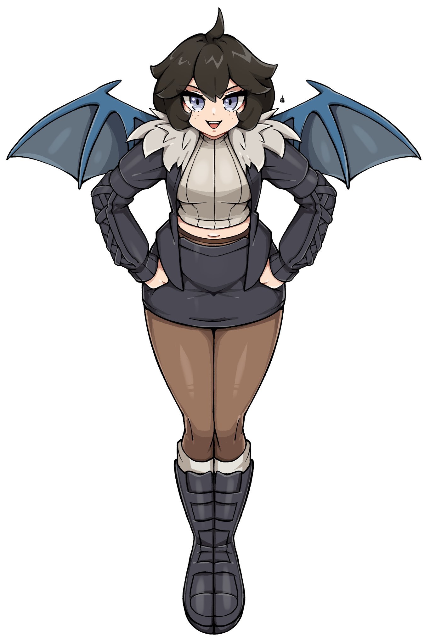 oninuer, original, commentary, commission, english commentary, highres, 1girl, ahoge, black boots, black cardigan, black hair, black skirt, blue eyes, boots, breasts, brown pantyhose, cardigan, double-parted bangs, dragon girl, dragon wings, full body, fur-trimmed cardigan, fur trim, hair ornament, hairclip, hands on own hips, leaning forward, long sleeves, looking at viewer, medium breasts, midriff, miniskirt, open cardigan, open clothes, open mouth, pantyhose, short hair, simple background, skirt, smile, solo, standing, straight-on, white background, wings