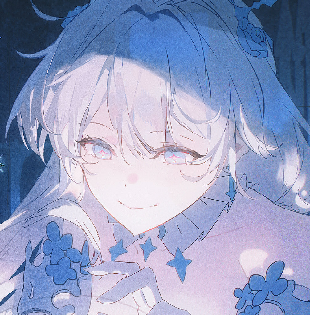 yaosan, kiana kaslana, honkai (series), honkai impact 3rd, commentary request, 1girl, ahoge, blue eyes, blue flower, detached collar, detached sleeves, earrings, flower, frills, gloves, hair flower, hair ornament, jewelry, kiana kaslana (wintery wishes), official alternate costume, smile, symbol-shaped pupils, white hair