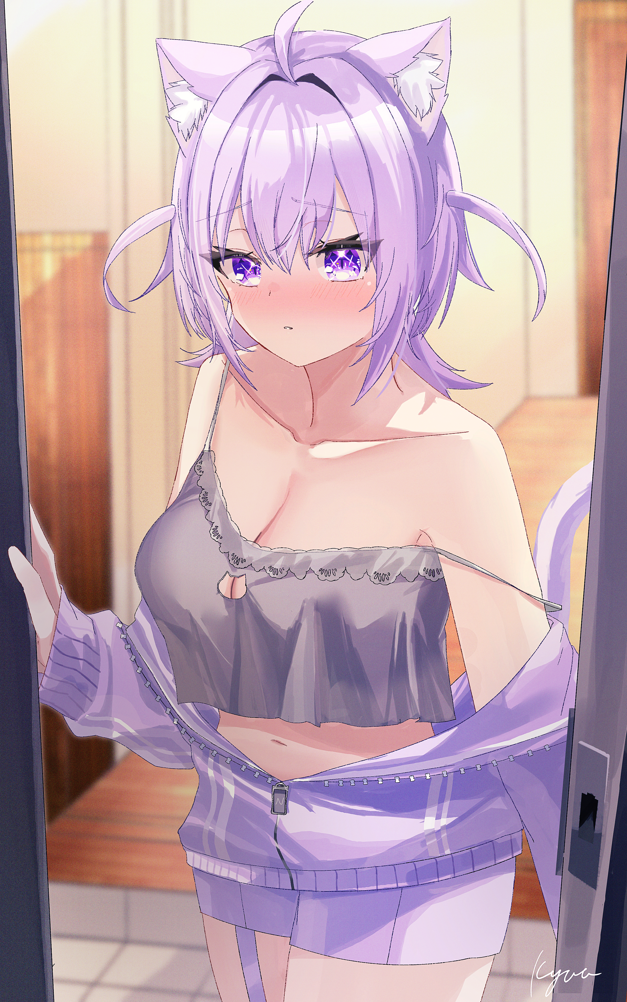 wwsj3877, nekomata okayu, nekomata okayu (membership), hololive, absurdres, highres, 1girl, ahoge, animal ear fluff, animal ears, blush, breasts, camisole, cat cutout, cat ears, cat girl, cat tail, cleavage cutout, closed mouth, clothing cutout, grey camisole, jacket, medium hair, official alternate costume, official alternate hairstyle, purple eyes, purple hair, purple jacket, purple shorts, shorts, solo, tail, two side up, virtual youtuber