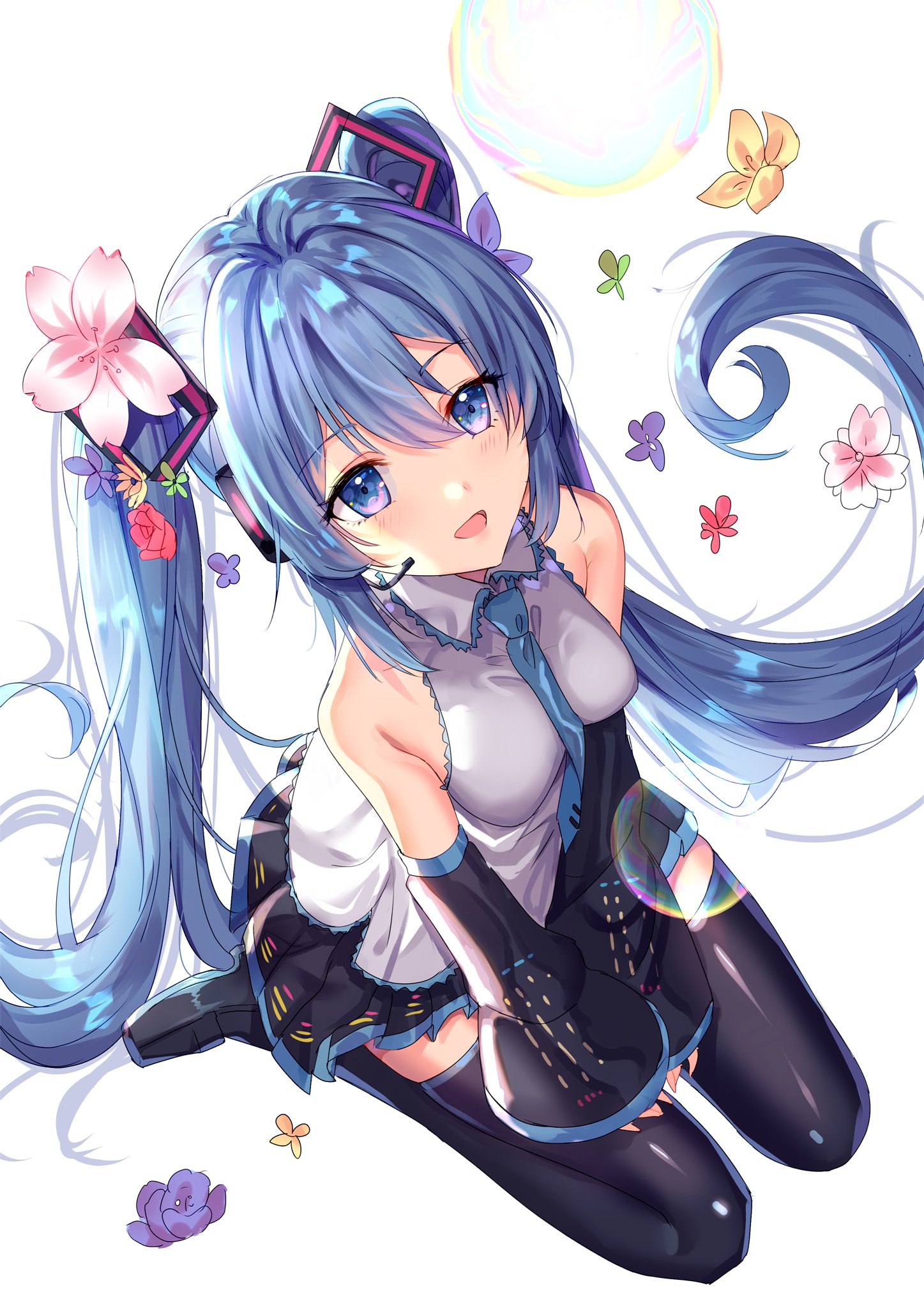 shanguier, hatsune miku, vocaloid, highres, 1girl, 39, :d, bare shoulders, black boots, black skirt, black sleeves, blue necktie, blush, boots, breasts, collared shirt, detached sleeves, flower, grey shirt, hair flower, hair ornament, headset, long hair, long sleeves, looking at viewer, looking up, medium breasts, miniskirt, necktie, open mouth, pink flower, pleated skirt, reflection, shirt, simple background, sitting, skirt, sky, sleeves past wrists, smile, solo, star (sky), starry sky, thigh boots, thighhighs, twintails, very long hair, wariza, white background