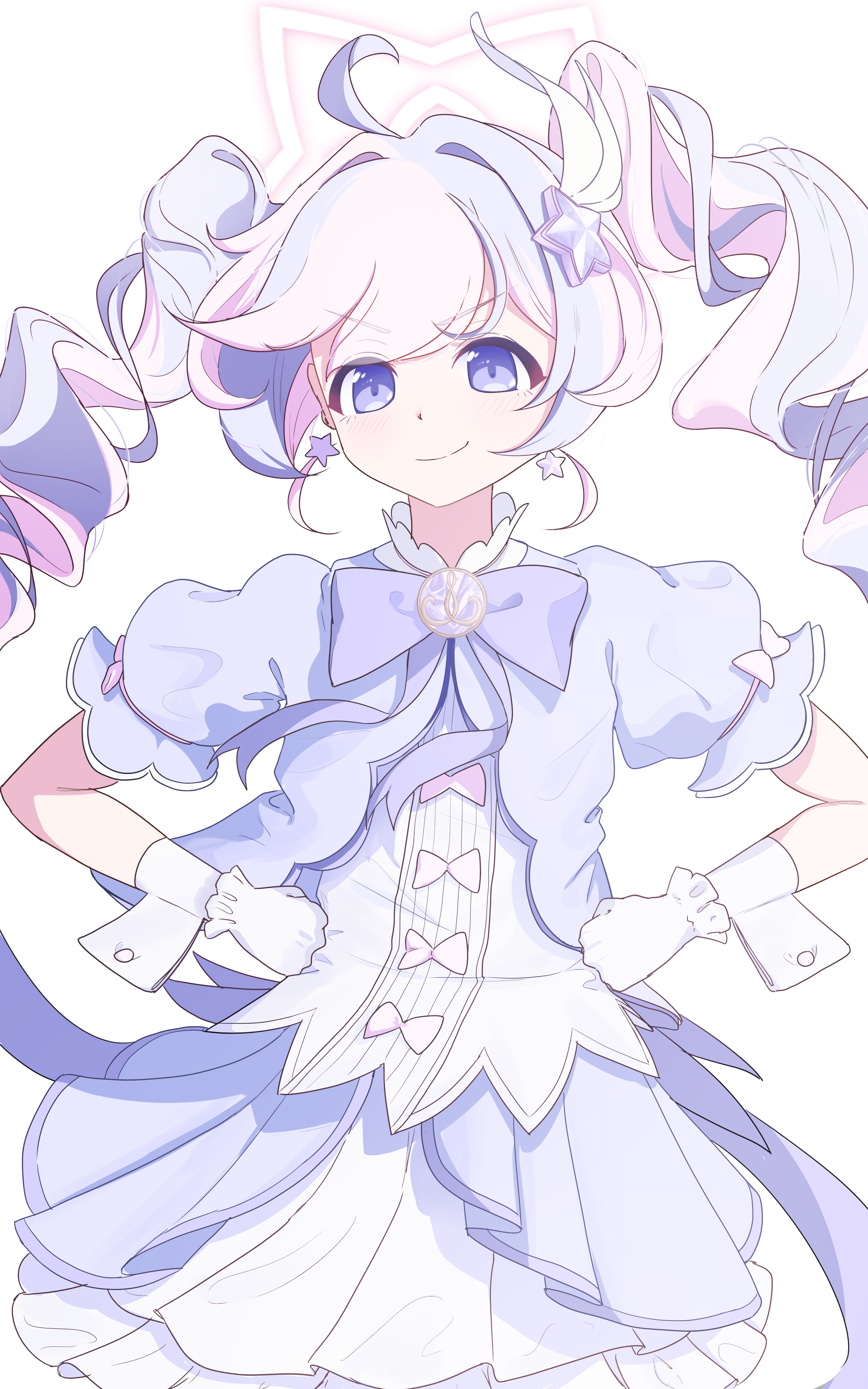 bigmt kid, reisa (blue archive), reisa (magical) (blue archive), blue archive, absurdres, highres, 1girl, bow, bowtie, drill hair, halo, looking at viewer, magical girl, official alternate costume, pink halo, purple bow, purple bowtie, simple background, solo, star halo, twin drills, white background