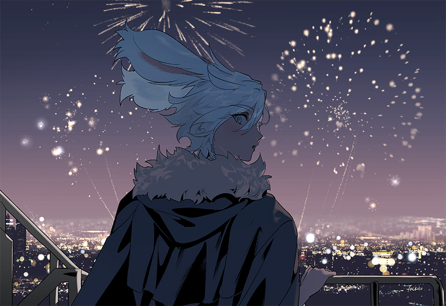 byuub, warrior of light (ff14), final fantasy, final fantasy xiv, original, 1girl, :o, aerial fireworks, animal ears, black jacket, blue eyes, city lights, fireworks, fur-trimmed jacket, fur trim, hair between eyes, jacket, jacket on shoulders, looking at viewer, looking back, rabbit ears, rabbit girl, railing, short hair, solo, tewa (byuub), viera, white hair