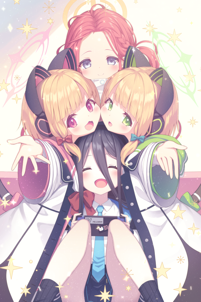 sasakura momiji, aris (blue archive), midori (blue archive), momoi (blue archive), yuzu (blue archive), blue archive, commentary request, highres, 4girls, :d, ^ ^, animal ear headphones, animal ears, black hair, black skirt, black socks, blonde hair, blue eyes, blue necktie, blush, bow, braid, closed eyes, closed mouth, collared shirt, facing viewer, fake animal ears, forehead, game development department (blue archive), green eyes, hair between eyes, halo, headphones, hood, hood down, hooded jacket, jacket, knees up, long hair, long sleeves, looking at viewer, multiple girls, necktie, one side up, open clothes, open jacket, open mouth, pleated skirt, power symbol, purple eyes, red bow, red hair, ribbed socks, shirt, siblings, sisters, skirt, smile, socks, tail, twins, very long hair, white jacket, white shirt, wide sleeves