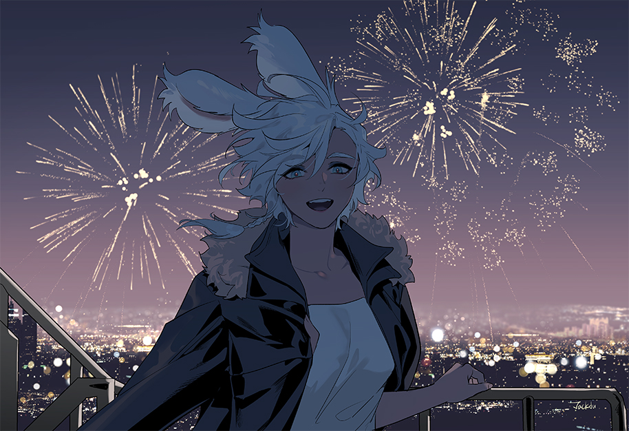byuub, warrior of light (ff14), final fantasy, final fantasy xiv, original, 1girl, :d, aerial fireworks, animal ears, black jacket, blue eyes, braid, city lights, collarbone, fireworks, fur-trimmed jacket, fur trim, hair between eyes, jacket, jacket on shoulders, looking at viewer, open mouth, rabbit ears, rabbit girl, railing, shirt, short hair, single braid, smile, solo, teeth, tewa (byuub), upper teeth only, viera, white hair, white shirt, wind