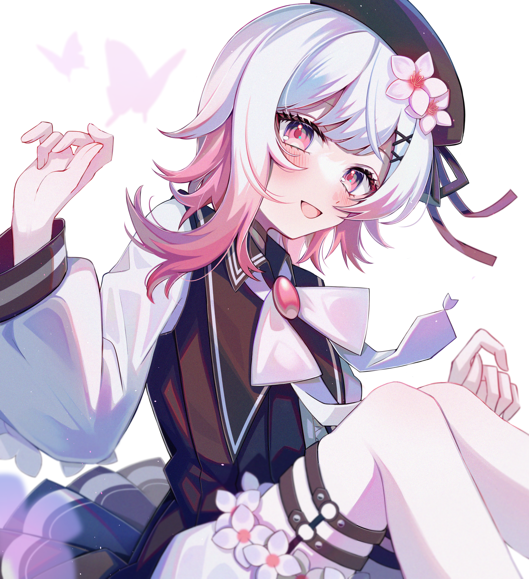 satoimo chika, sakuraba ema, mahou shoujo no majo saiban, commentary request, highres, 1girl, :d, animal, beret, black dress, black hat, blush stickers, bow, bug, butterfly, dress, feet out of frame, flower, grey hair, hair flower, hair ornament, hands up, hat, insect, knees up, long sleeves, looking at viewer, multicolored hair, open mouth, pink eyes, pink hair, pleated dress, puffy long sleeves, puffy sleeves, shirt, simple background, sleeveless, sleeveless dress, smile, solo, tilted headwear, two-tone hair, white background, white bow, white flower, white shirt