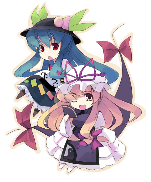 seo tatsuya, hinanawi tenshi, yakumo yukari, touhou, 2girls, chibi, dress, female focus, full body, gap (touhou), hand fan, hat, multiple girls, plant, white background, wink