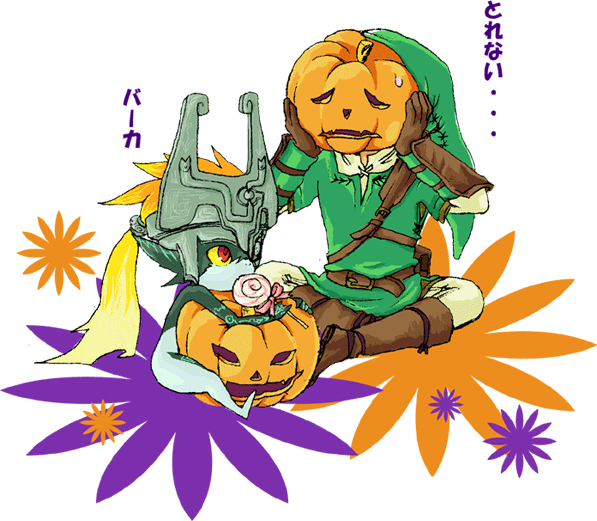link, midna, nintendo, the legend of zelda, the legend of zelda: twilight princess, 1boy, 1girl, candy, food, gloves, halloween, hat, jack-o'-lantern, pumpkin, red eyes