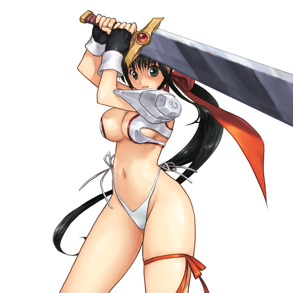 black eyes, black hair, breasts, fingerless gloves, gloves, hip focus, large breasts, long hair, panties, ponytail, side-tie panties, sword, underwear, very long hair, weapon, wide hips